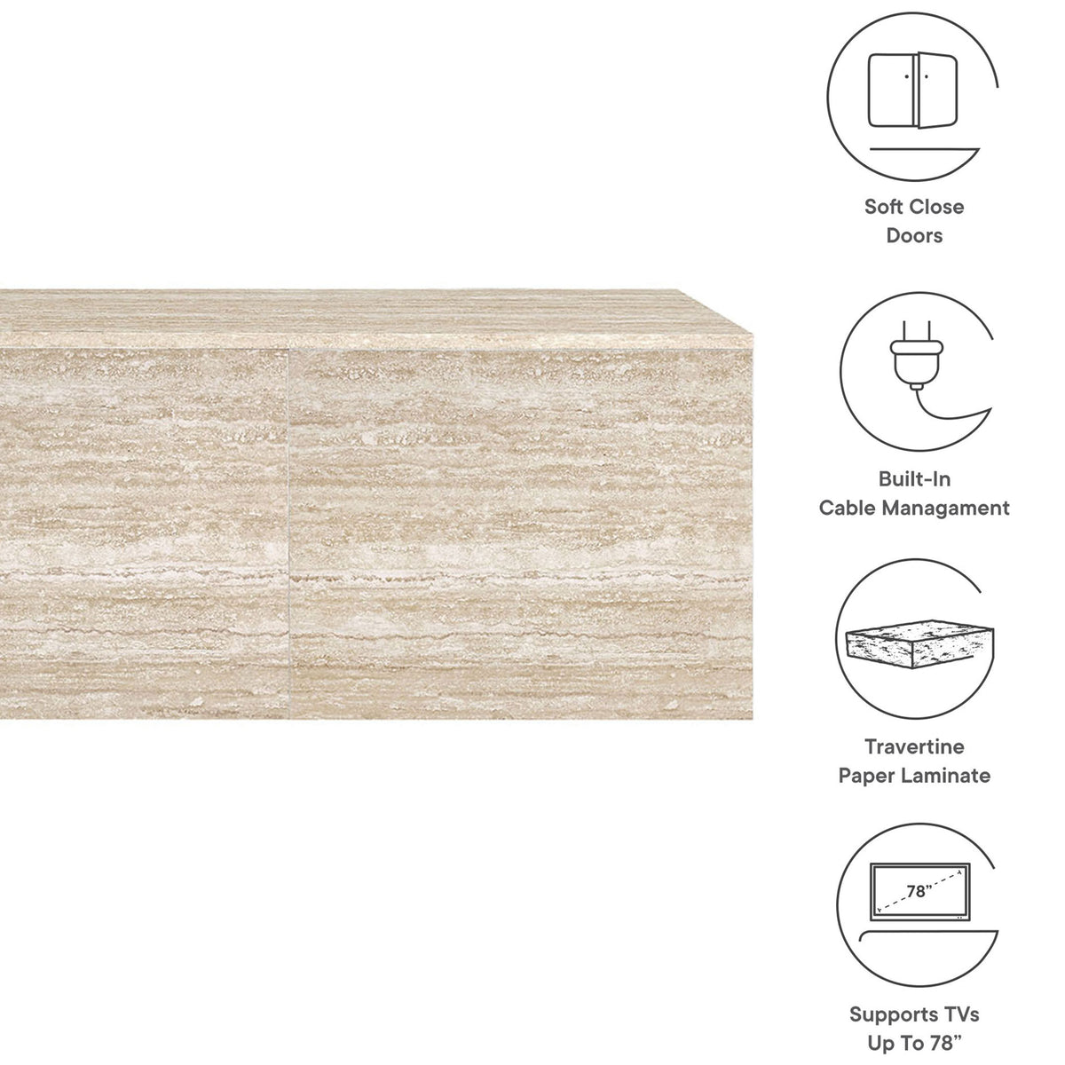 Feature graphic showing soft-close doors, cable management, travertine finish, and TV support icons || EEI-7006-TRA || callout_studio