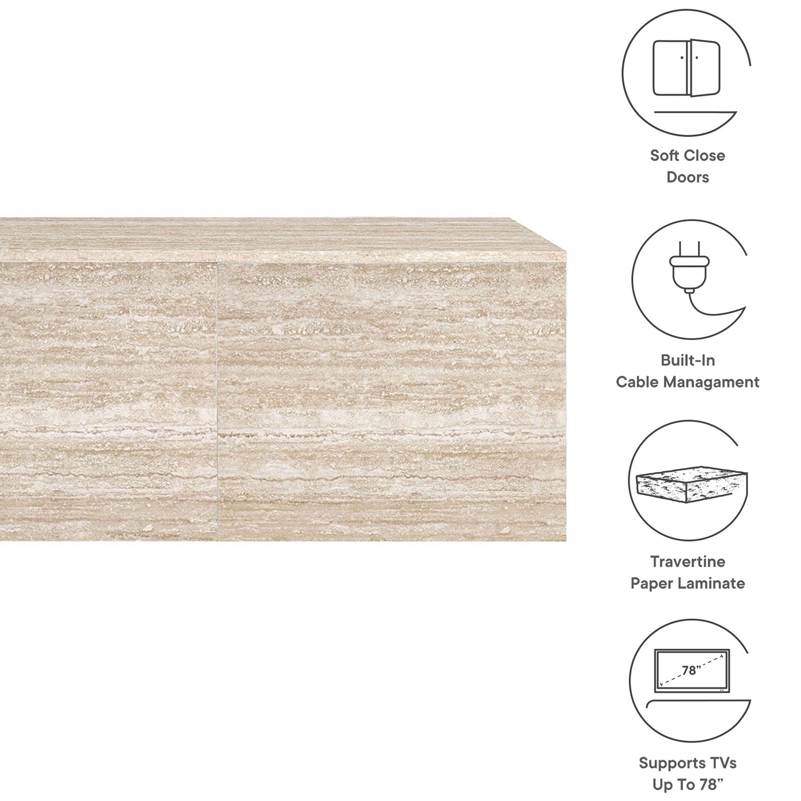 Feature graphic showing soft-close doors, cable management, travertine finish, and TV support icons || EEI-7006-TRA || callout_studio