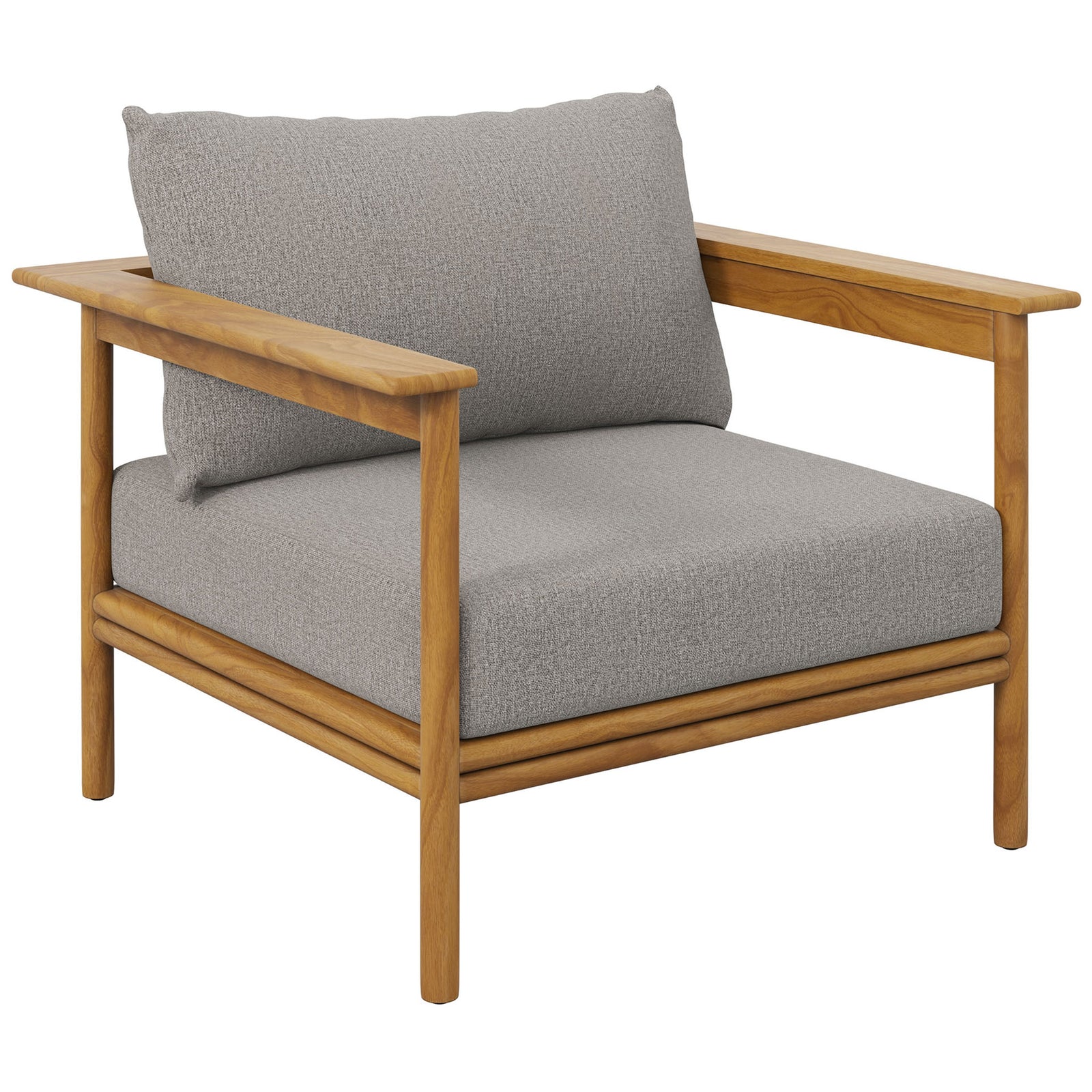 Teak outdoor armchair with wide arms and textured light gray cushions for relaxed patio lounging || EEI-7007-NAT-DRI || front_angle_studio