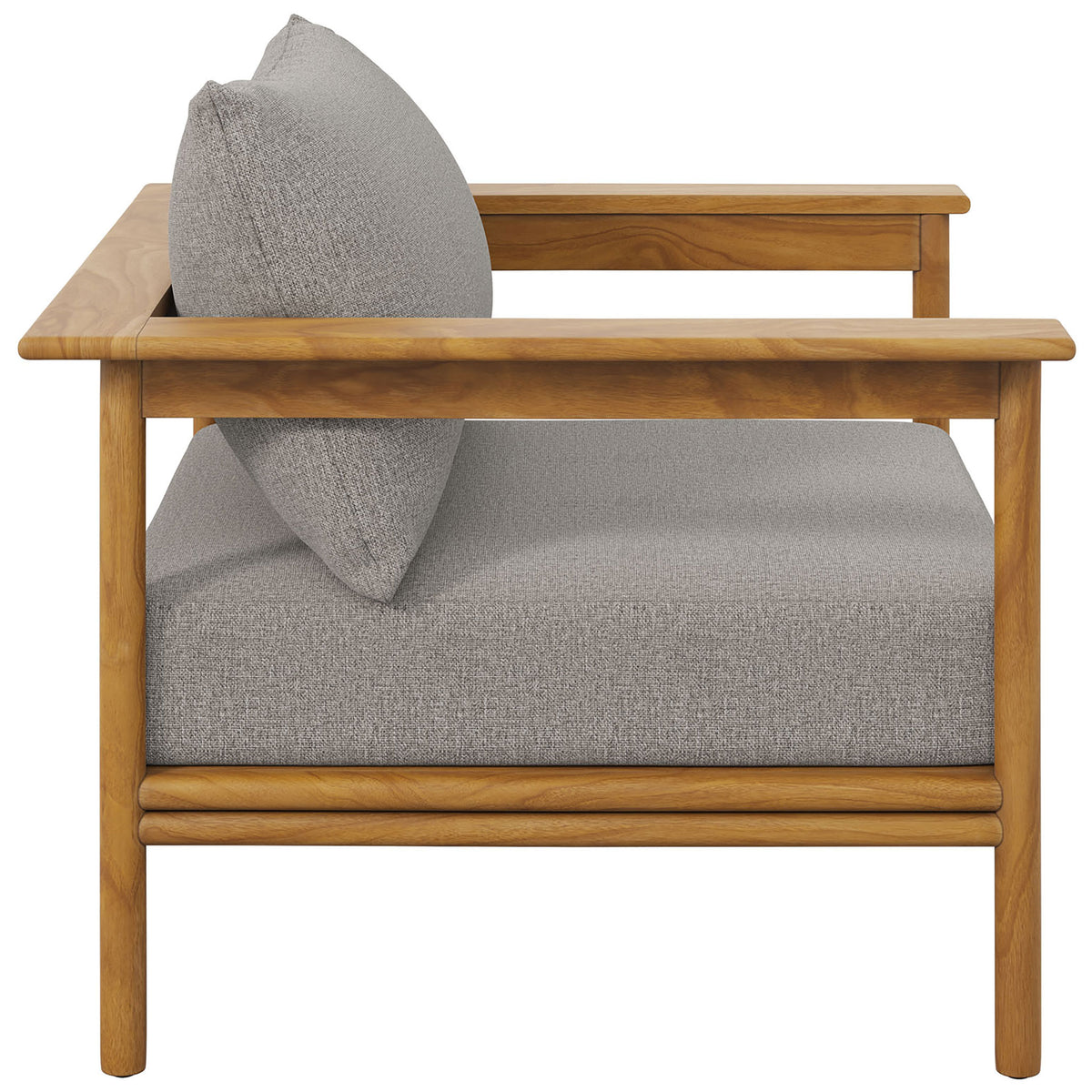 Low-profile teak patio armchair showcasing deep seat cushioning and clean modern side rails || EEI-7007-NAT-DRI || side_studio