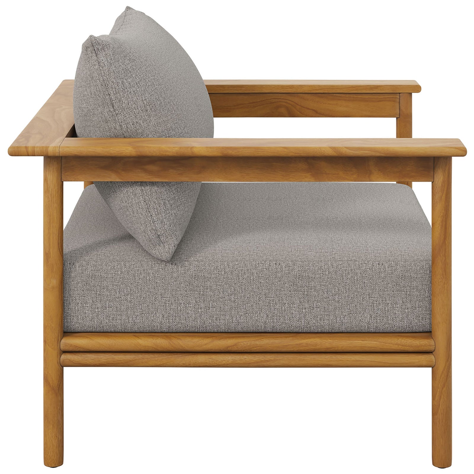 Low-profile teak patio armchair showcasing deep seat cushioning and clean modern side rails || EEI-7007-NAT-DRI || side_studio