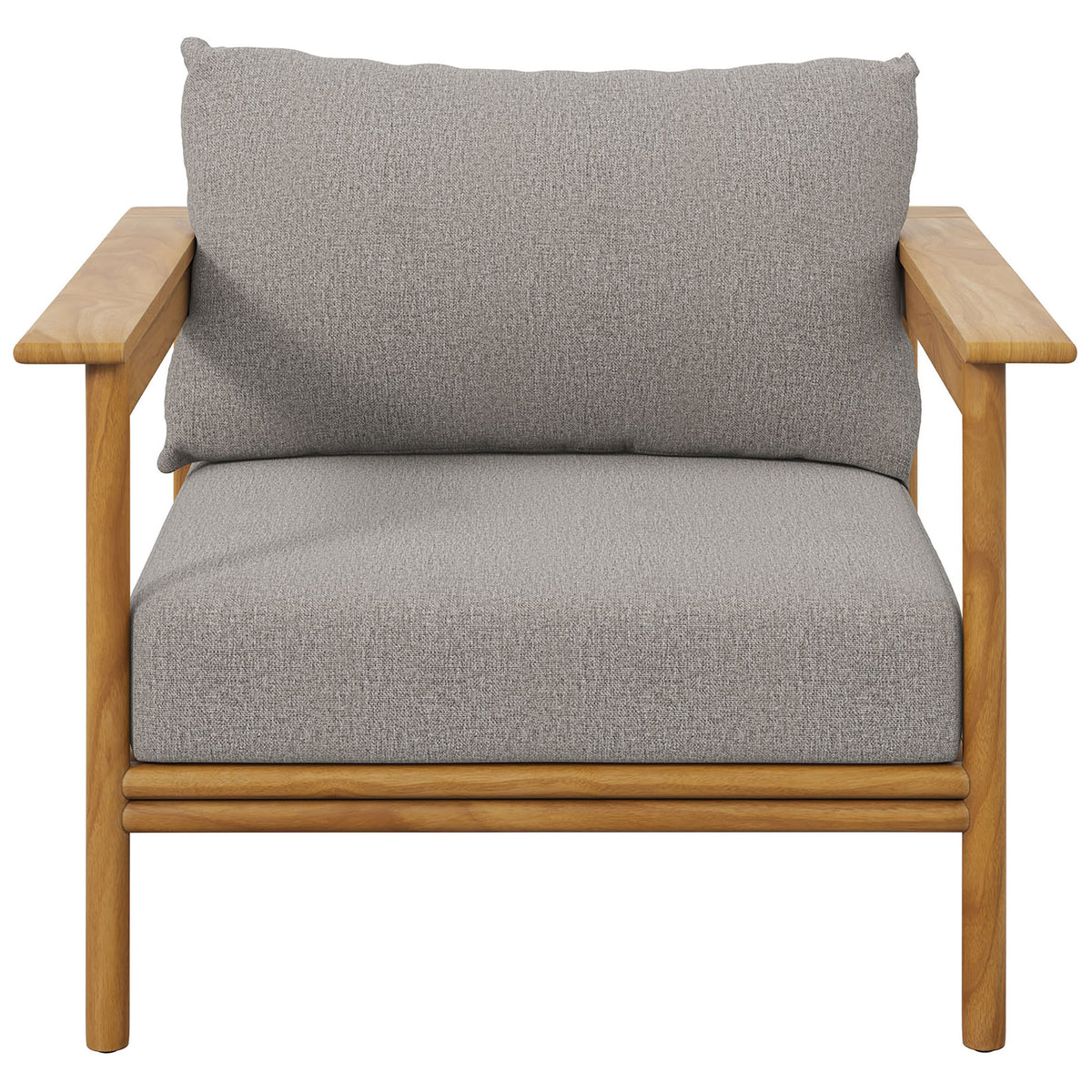 Wide teak armchair with generously sized light gray seat and back cushions for outdoor comfort || EEI-7007-NAT-DRI || front_studio