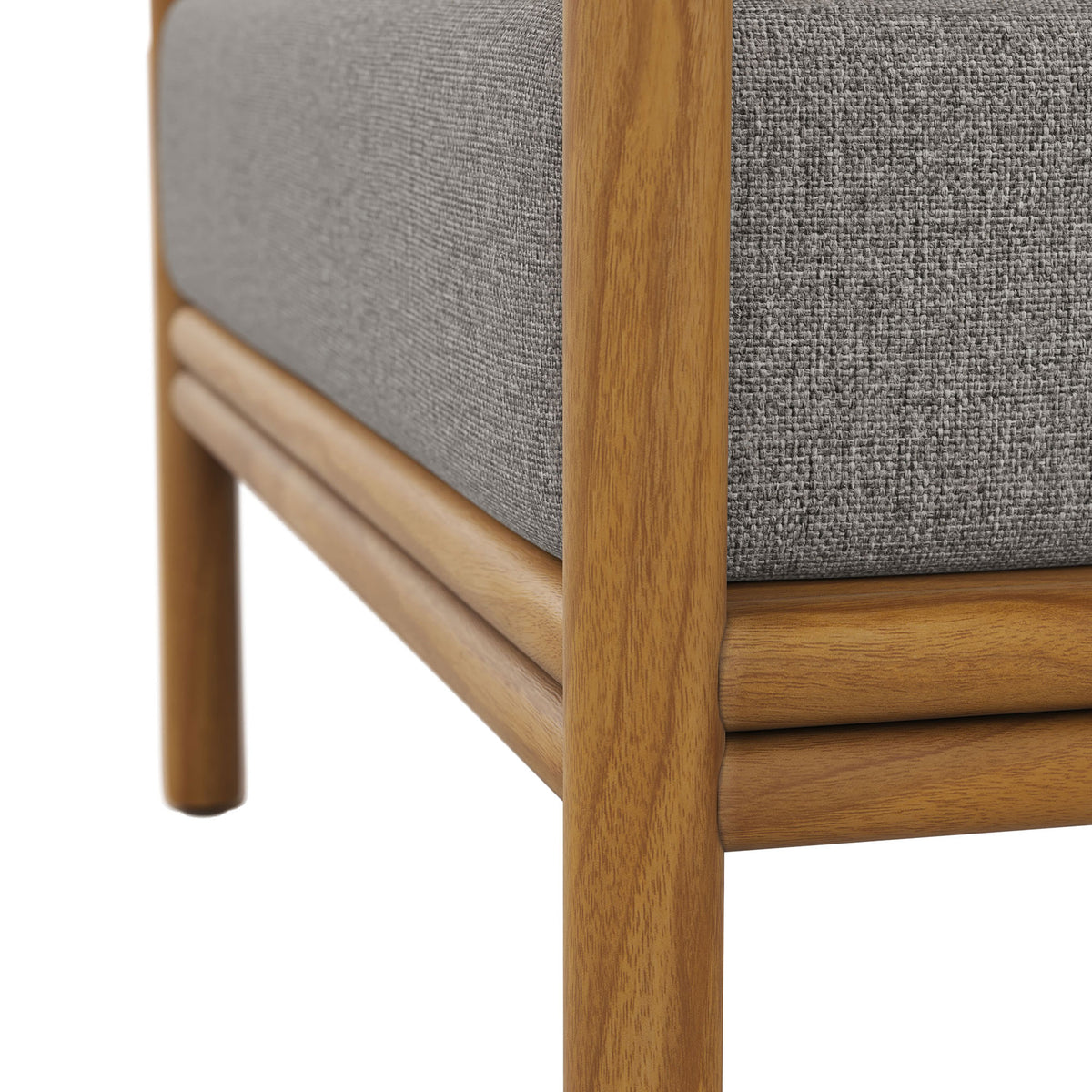 Sturdy teak wood base with rounded rails beneath a neatly tailored gray seat cushion || EEI-7007-NAT-DRI || leg_studio