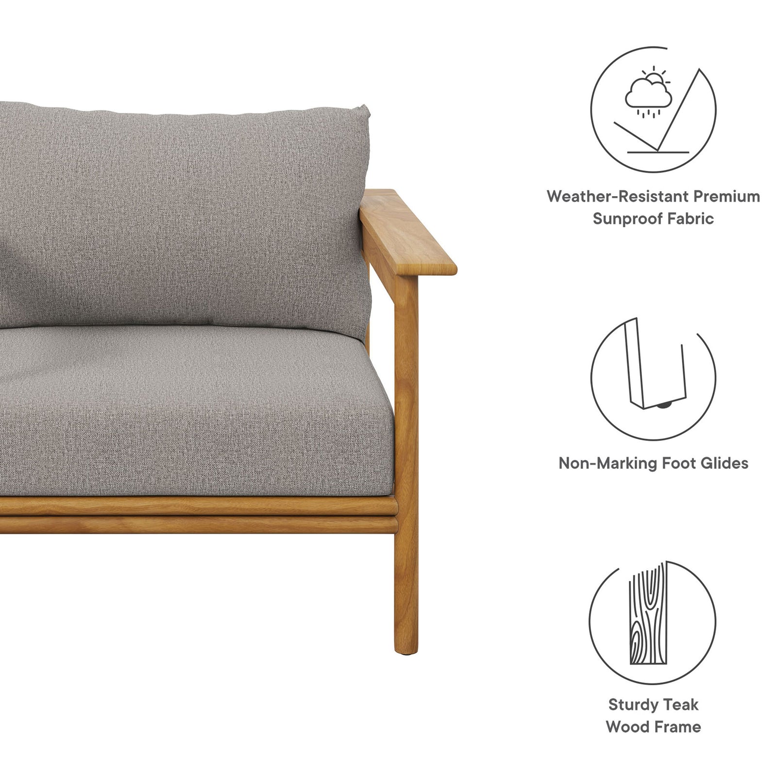 Teak patio armchair with light gray cushions alongside icons calling out weather-resistant fabric and foot glides || EEI-7007-NAT-DRI || callout_studio