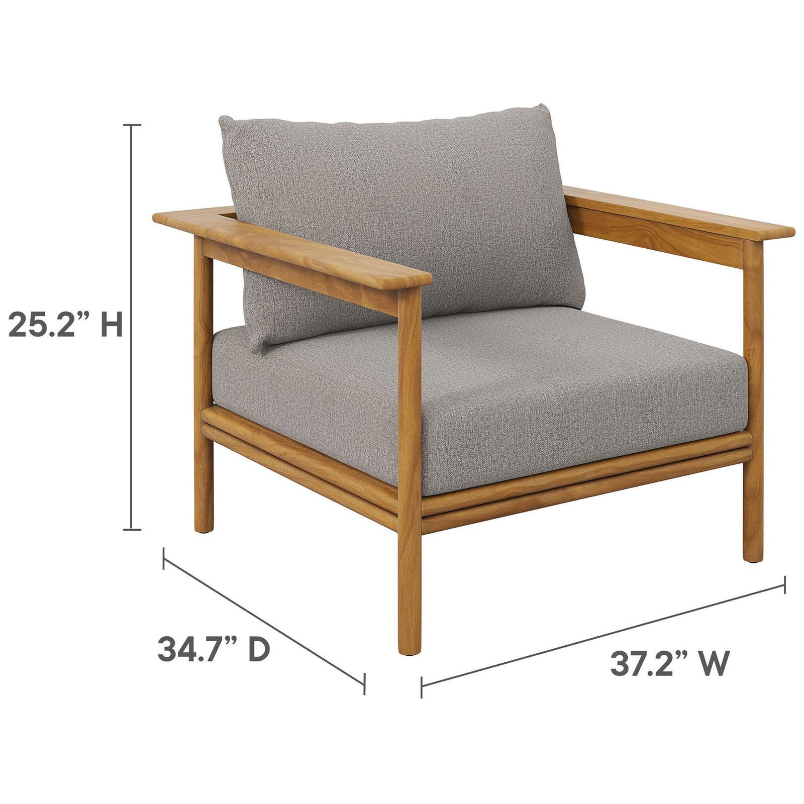 Teak outdoor armchair with light gray cushions plus overall height, width, and depth measurements || EEI-7007-NAT-DRI || dimension_studio