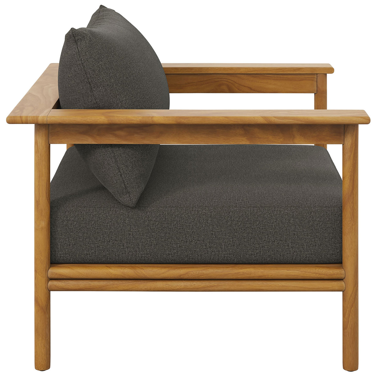 Low-profile teak patio chair with thick charcoal cushions and sleek horizontal side rails || EEI-7007-NAT-FLI || side_studio