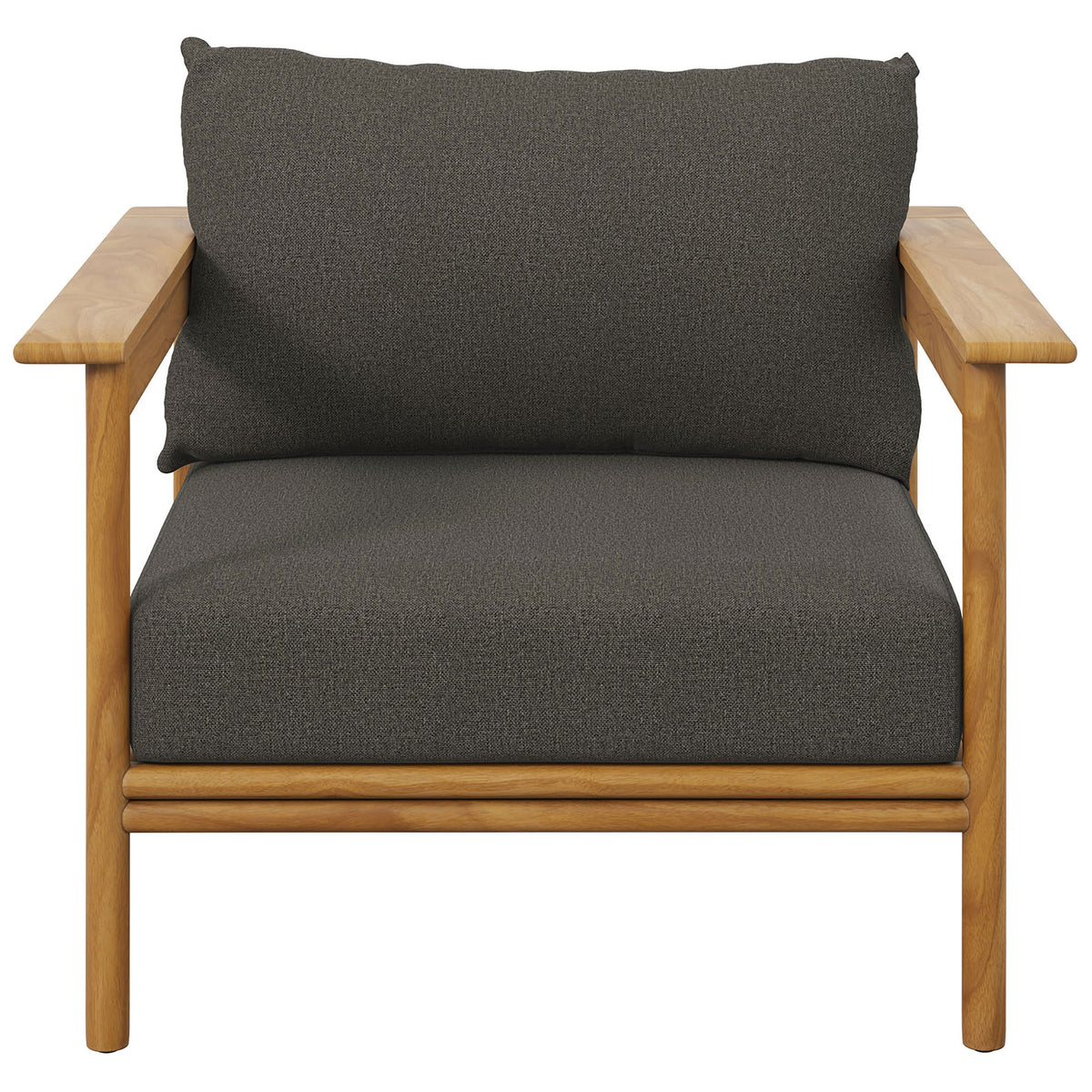 Wide teak armchair with generously padded charcoal seat and back cushions for outdoor relaxation || EEI-7007-NAT-FLI || front_studio