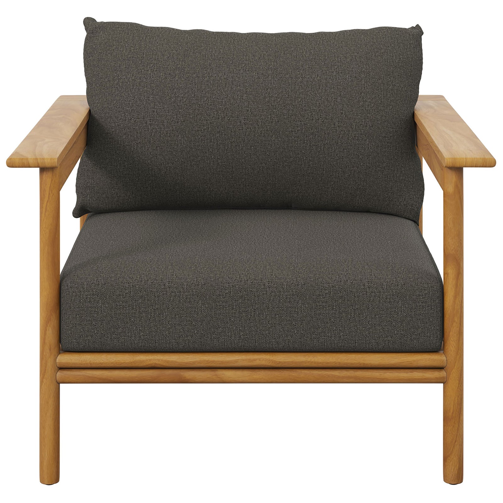 Wide teak armchair with generously padded charcoal seat and back cushions for outdoor relaxation || EEI-7007-NAT-FLI || front_studio