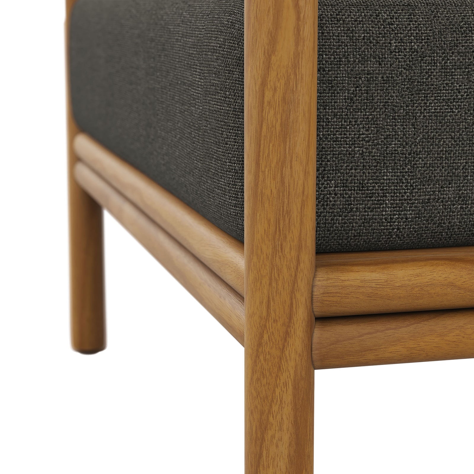Teak chair base with rounded rails and richly grained wood supporting a charcoal seat cushion || EEI-7007-NAT-FLI || leg_studio