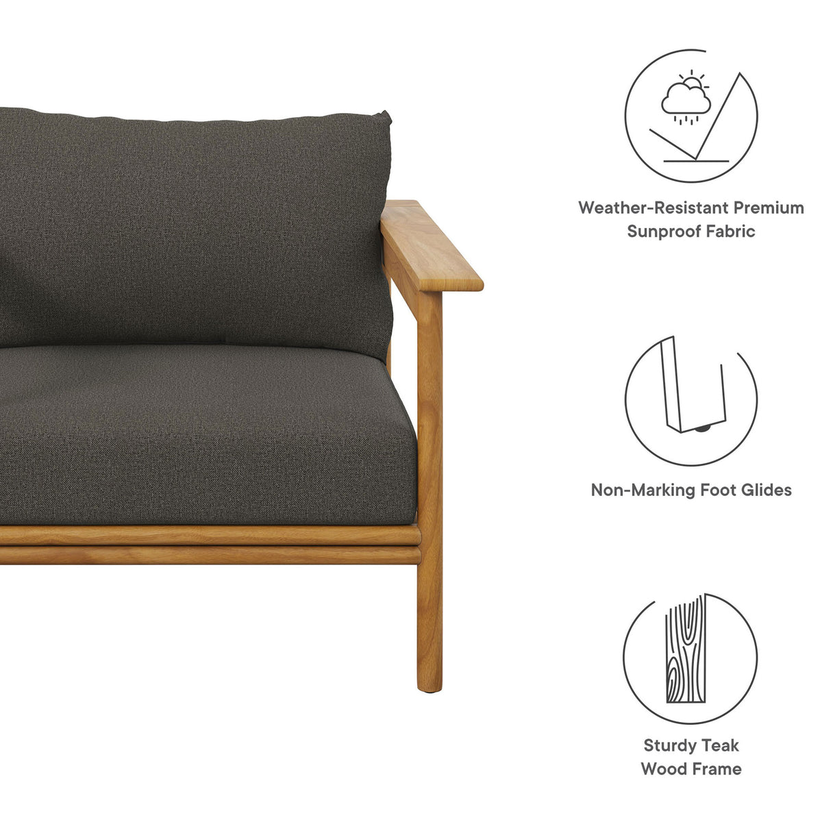 Teak patio armchair with charcoal cushions beside icons highlighting weather-resistant fabric and foot glides || EEI-7007-NAT-FLI || callout_studio