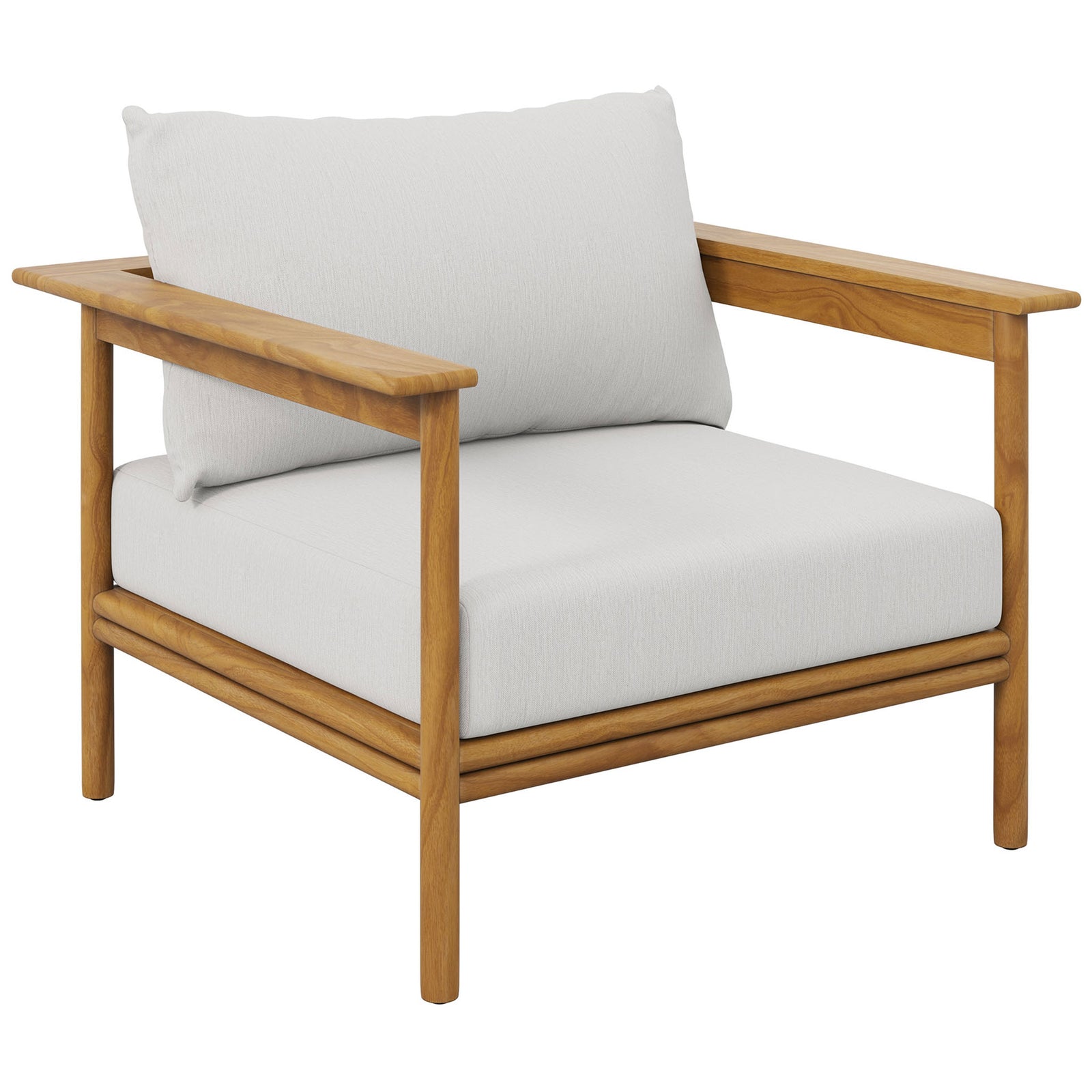 Teak outdoor armchair with crisp white cushions for a fresh, inviting patio seating accent || EEI-7007-NAT-SAI || front_angle_studio