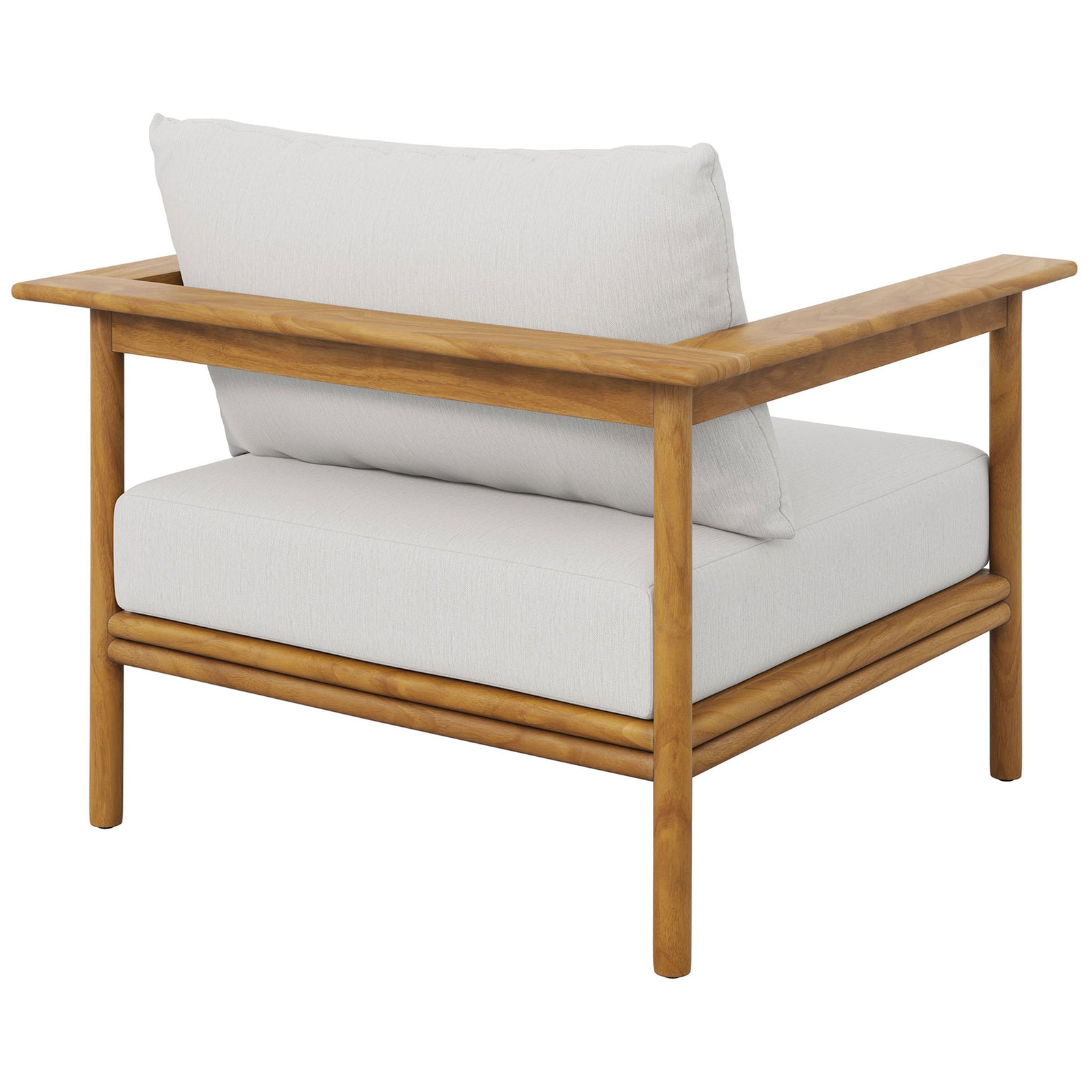 Teak lounge chair with plush white cushions and an open-back frame for an airy look || EEI-7007-NAT-SAI || back_angle_studio