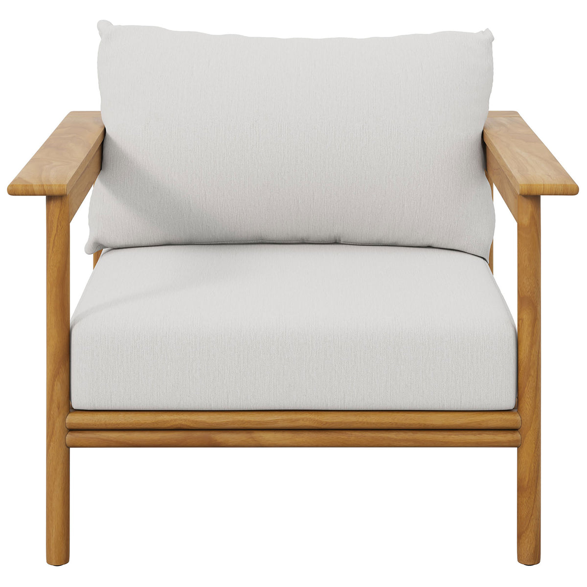 Wide teak armchair with generously padded white seat and back cushions for outdoor relaxation || EEI-7007-NAT-SAI || front_studio