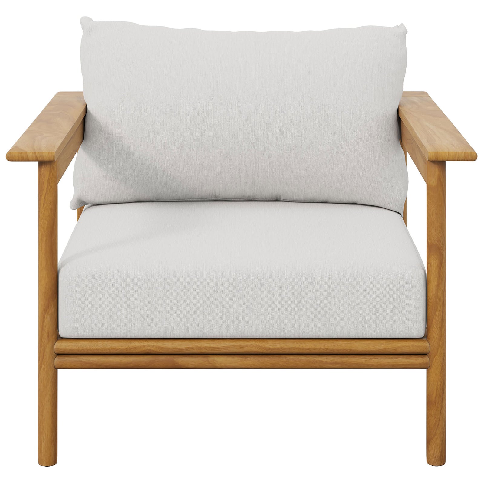 Wide teak armchair with generously padded white seat and back cushions for outdoor relaxation || EEI-7007-NAT-SAI || front_studio