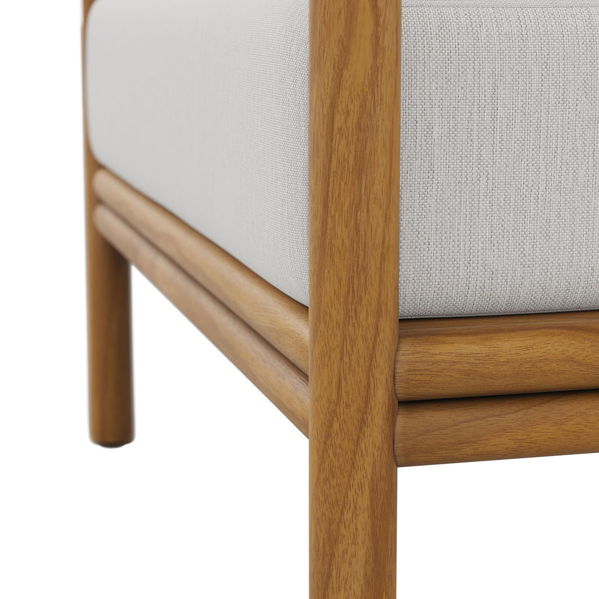 Teak chair base with rounded rails and smooth finish supporting a bright white seat cushion || EEI-7007-NAT-SAI || leg_studio