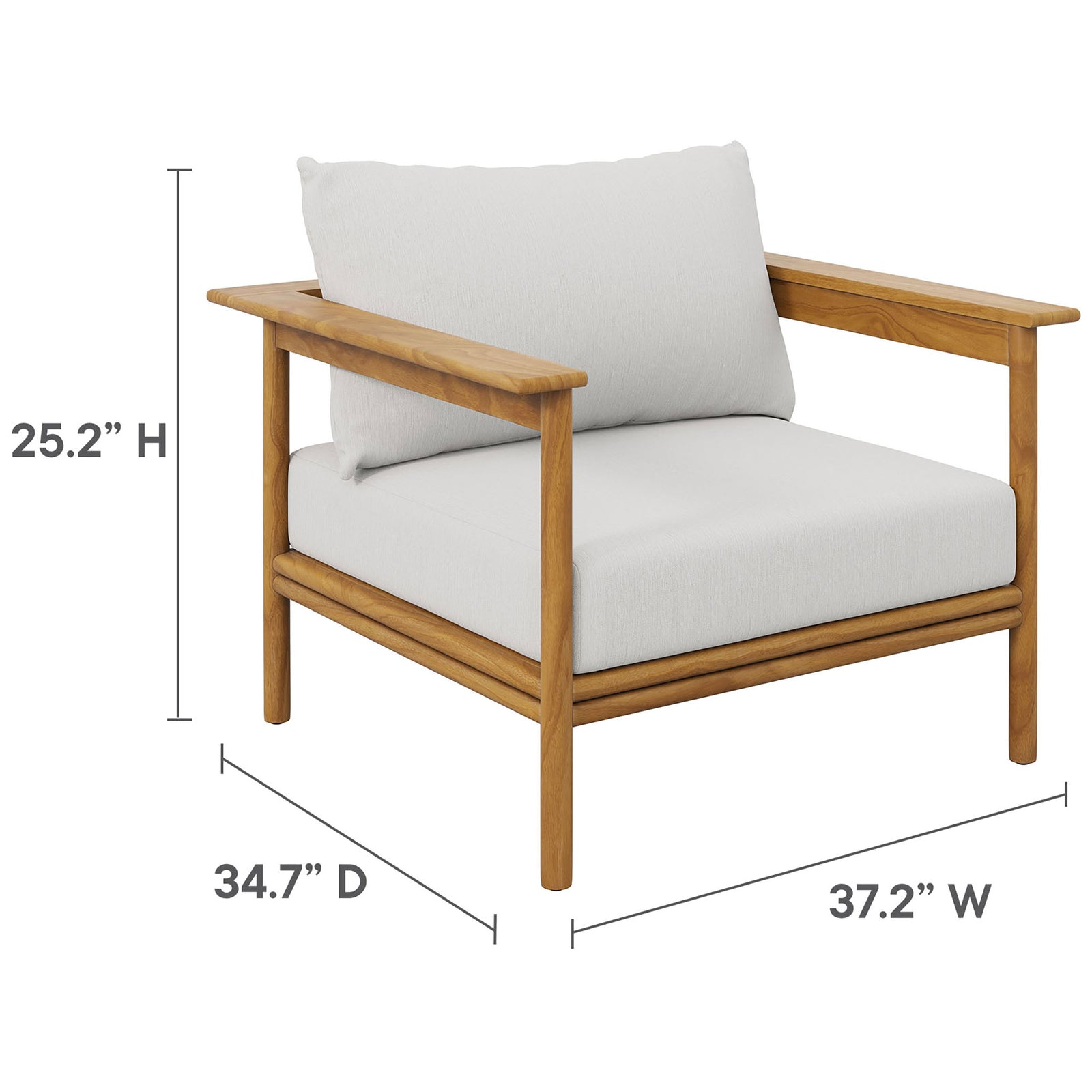 Teak outdoor armchair with white cushions plus labeled height, width, and depth dimensions || EEI-7007-NAT-SAI || dimension_studio