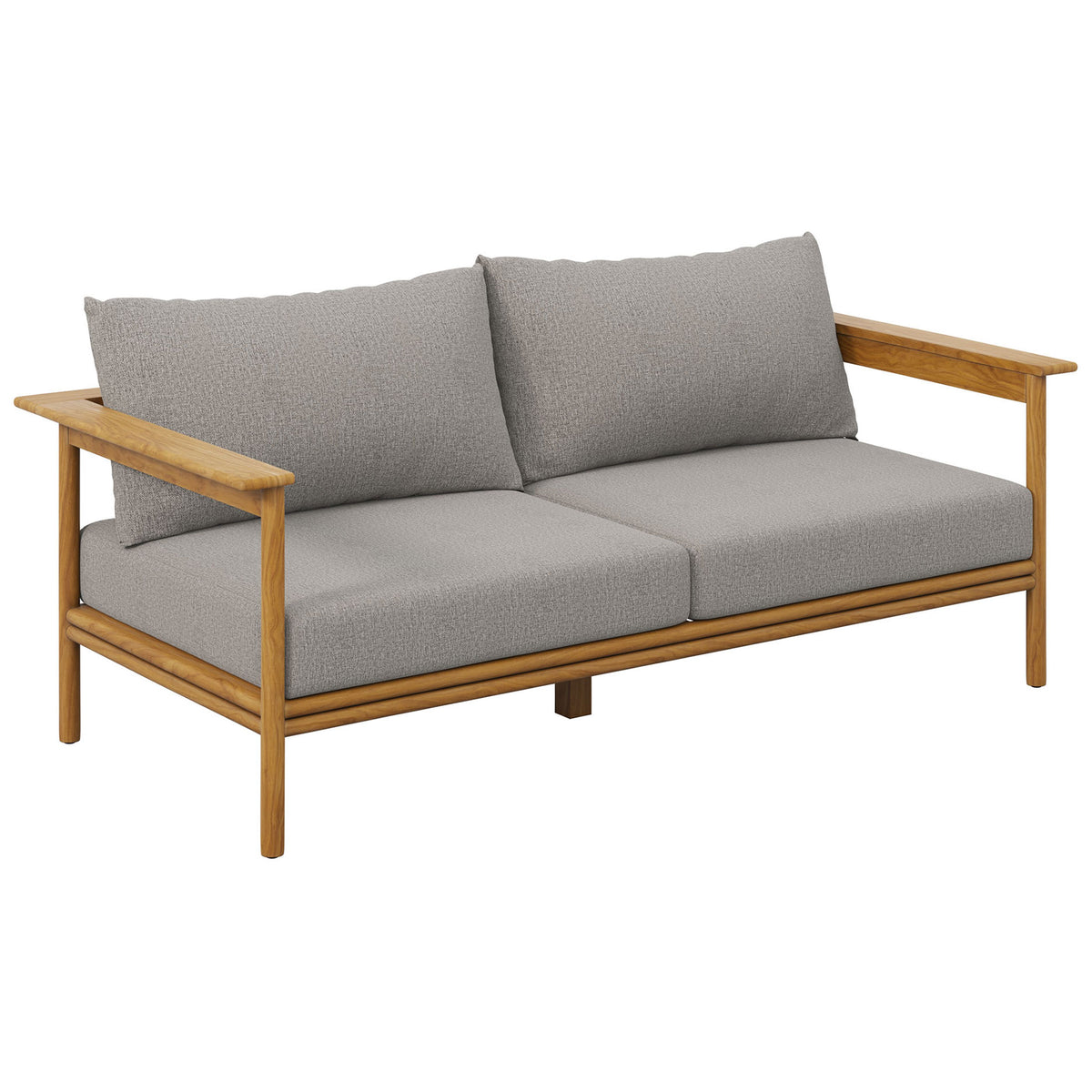 Modern teak outdoor sofa with slim arms and plush light gray cushions for relaxed lounging. || EEI-7008-NAT-DRI || front_angle_studio