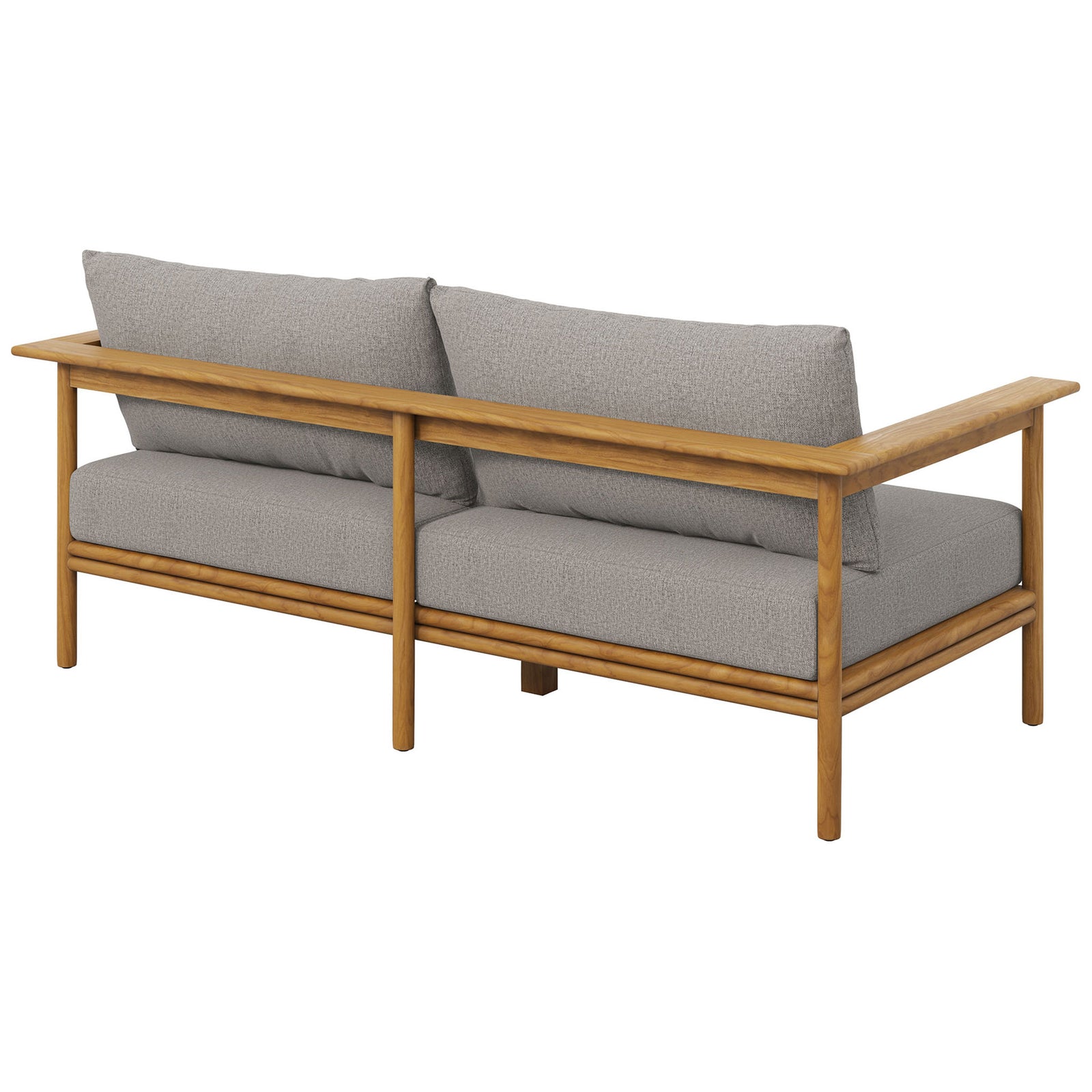 Teak outdoor sofa featuring a clean slatted back and supportive gray cushions for casual seating. || EEI-7008-NAT-DRI || back_angle_studio
