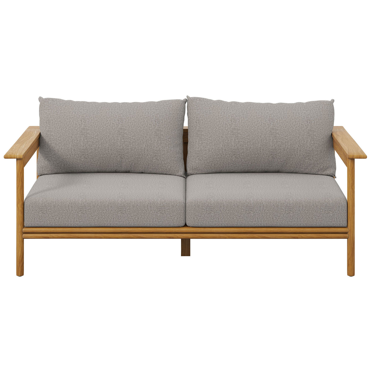Two-seat teak outdoor sofa with thick gray cushions and simple lines that complement modern patios. || EEI-7008-NAT-DRI || front_studio