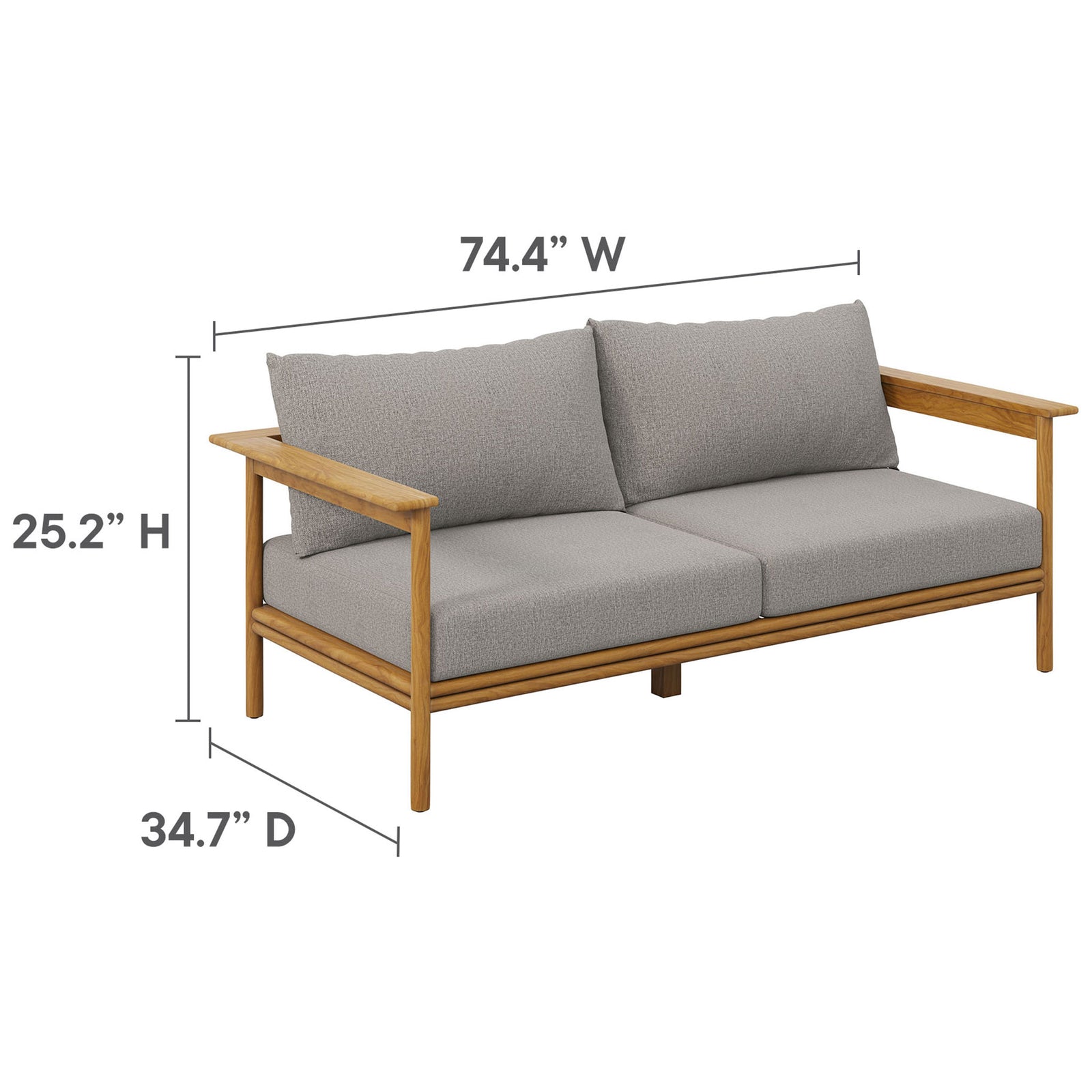 Outdoor teak sofa with gray cushions shown with labeled width, depth, and height dimensions. || EEI-7008-NAT-DRI || dimension_studio