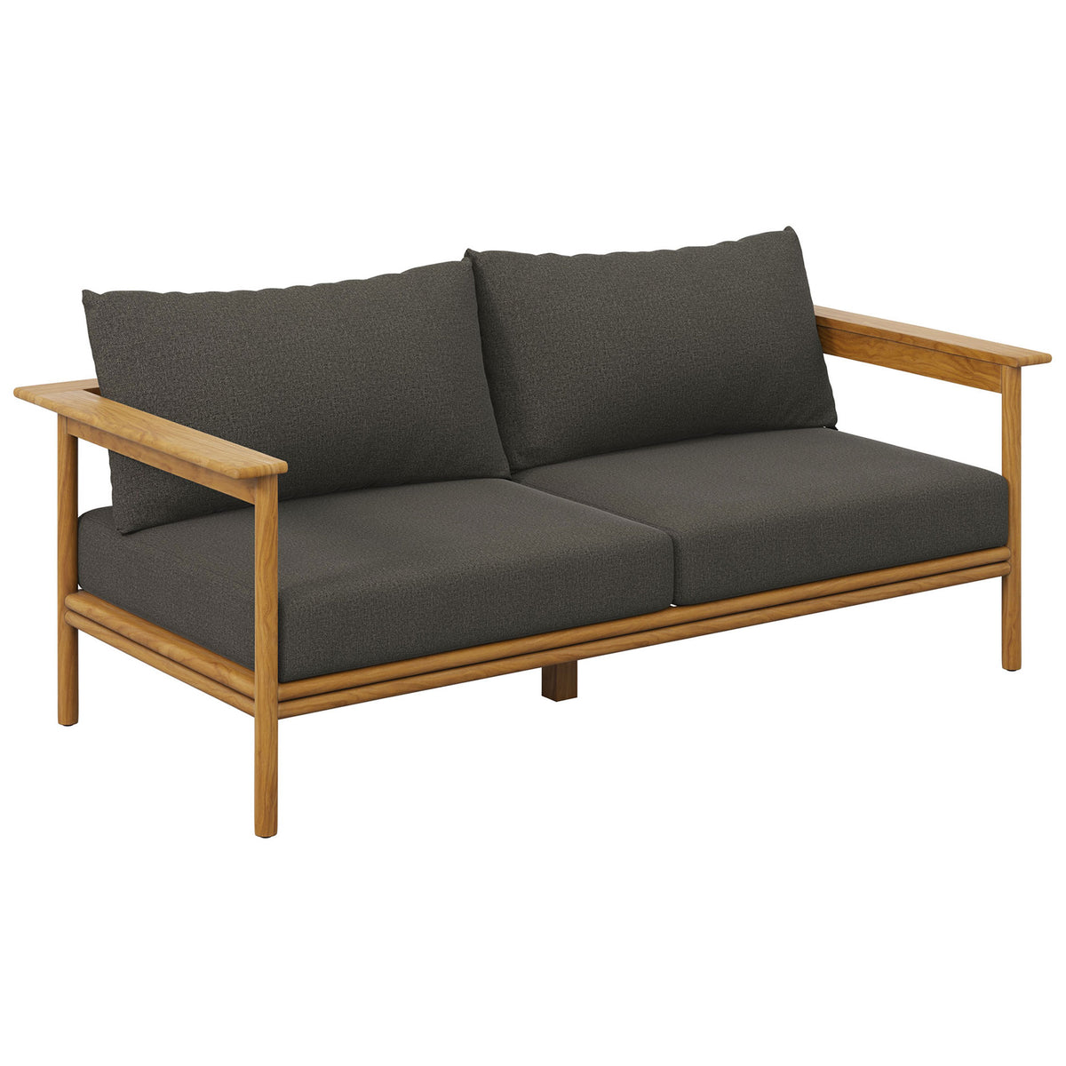 Contemporary teak outdoor sofa with slim arms and charcoal gray cushions for chic lounge seating. || EEI-7008-NAT-FLI || front_angle_studio