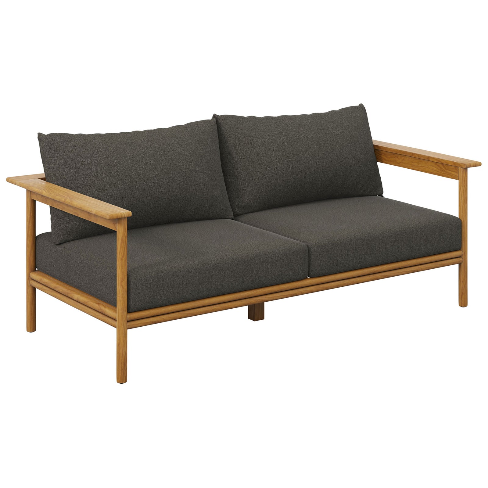Contemporary teak outdoor sofa with slim arms and charcoal gray cushions for chic lounge seating. || EEI-7008-NAT-FLI || front_angle_studio