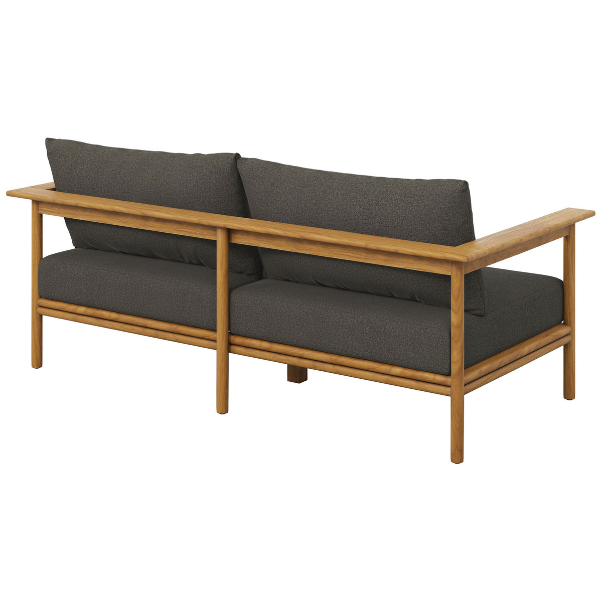 Teak outdoor sofa showcasing a clean linear back frame with generously filled charcoal cushions. || EEI-7008-NAT-FLI || back_angle_studio