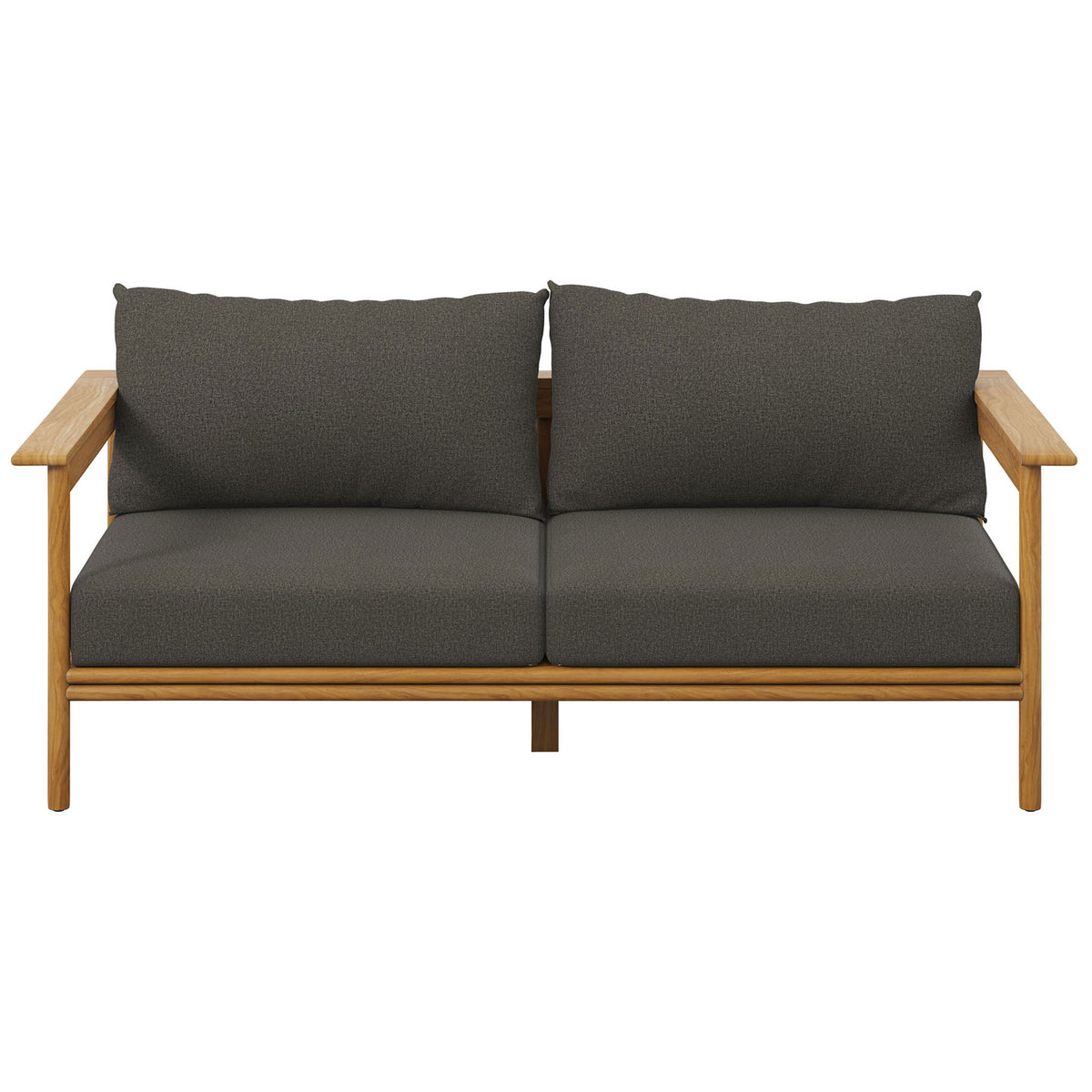 Two-seat teak outdoor sofa with rich charcoal cushions delivering bold contrast on the patio. || EEI-7008-NAT-FLI || front_studio