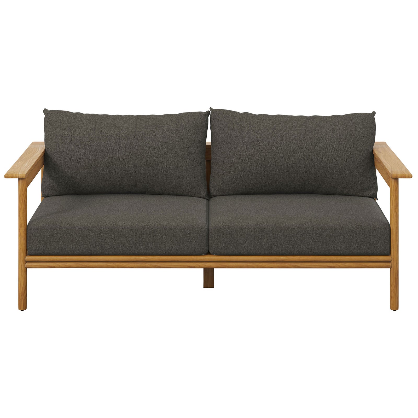Two-seat teak outdoor sofa with rich charcoal cushions delivering bold contrast on the patio. || EEI-7008-NAT-FLI || front_studio