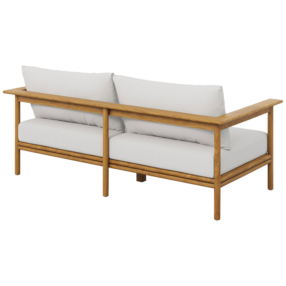 Teak outdoor sofa featuring a sleek open back frame with generously filled white cushions. || EEI-7008-NAT-SAI || back_angle_studio