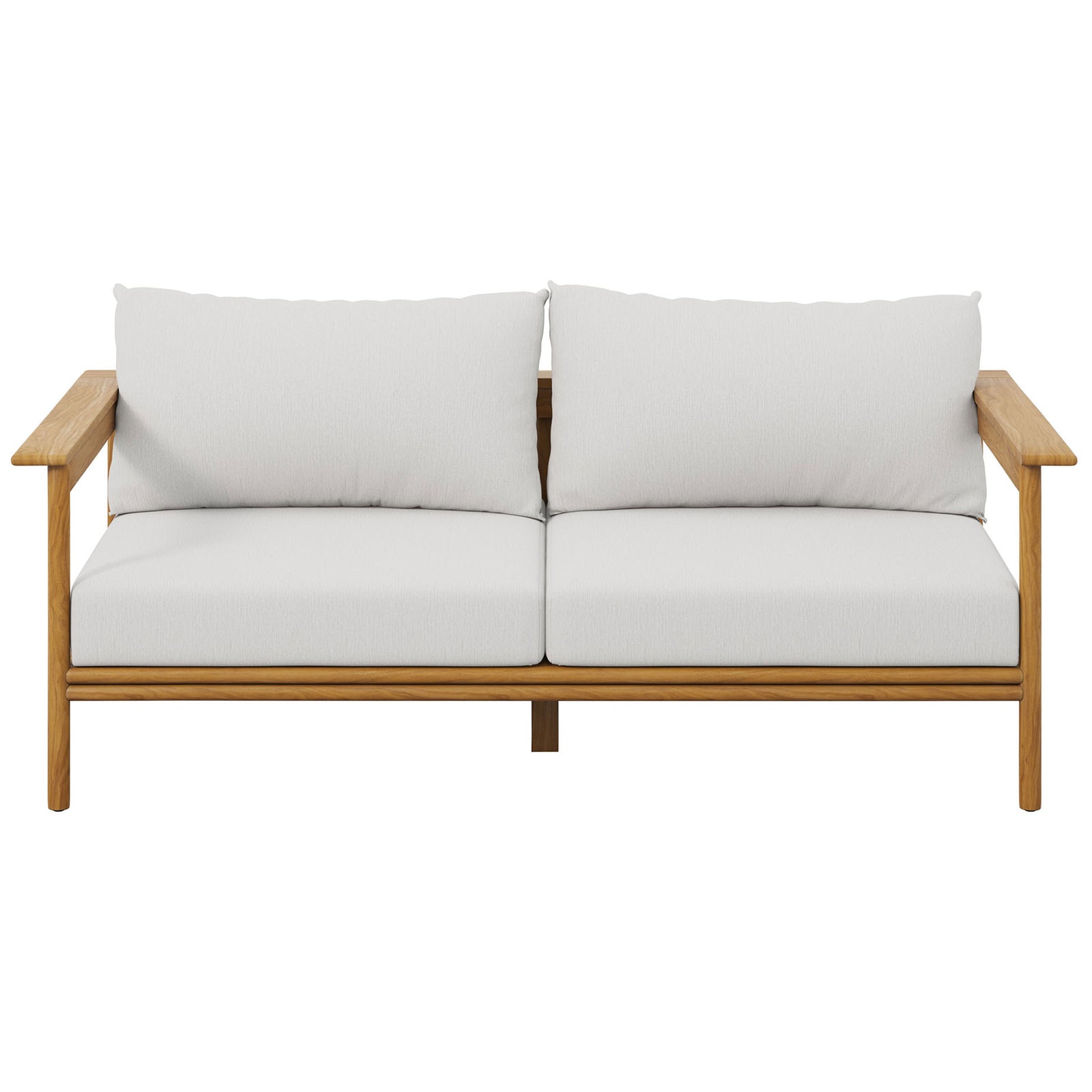Two-seat teak outdoor sofa with bright white cushions bringing fresh style to any patio. || EEI-7008-NAT-SAI || front_studio