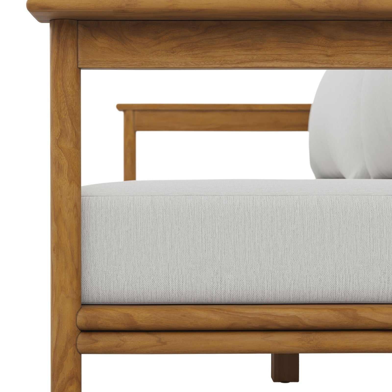 Solid teak base and thick white cushion highlight the sofa's sturdy, weather-ready construction. || EEI-7008-NAT-SAI || detail_studio