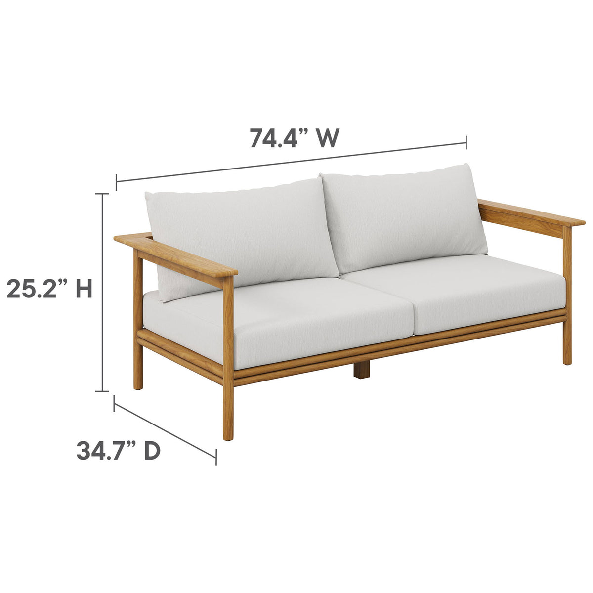 White cushion teak outdoor sofa shown with clear width, depth, and height measurements. || EEI-7008-NAT-SAI || dimension_studio