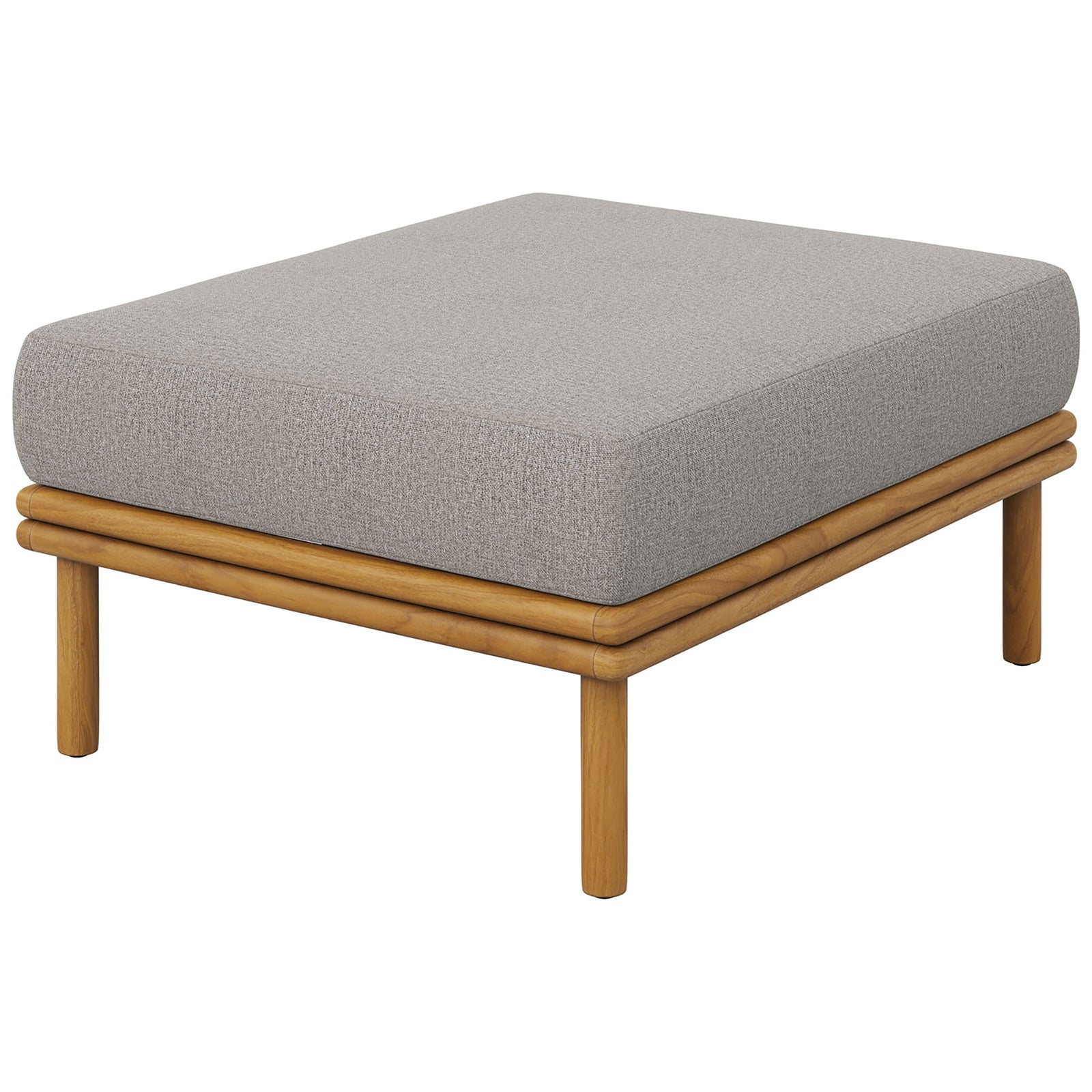 Clean-lined teak ottoman in a driftwood finish with tailored cushion brings modern warmth to outdoor spaces. || EEI-7009-NAT-DRI || front_angle_studio