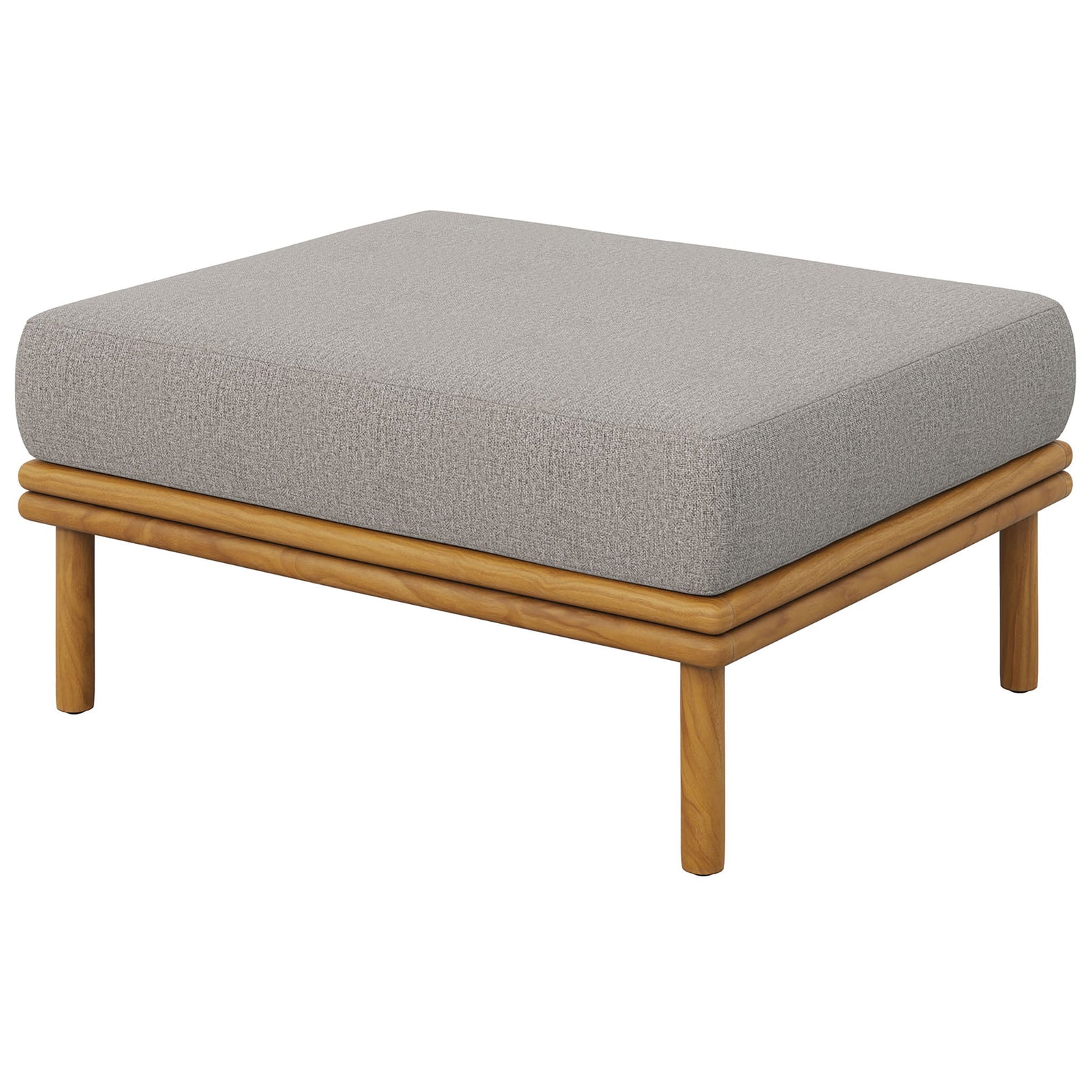 Low teak profile and generous cushion height create a relaxed, lounge-ready ottoman for patios and decks. || EEI-7009-NAT-DRI || back_angle_studio