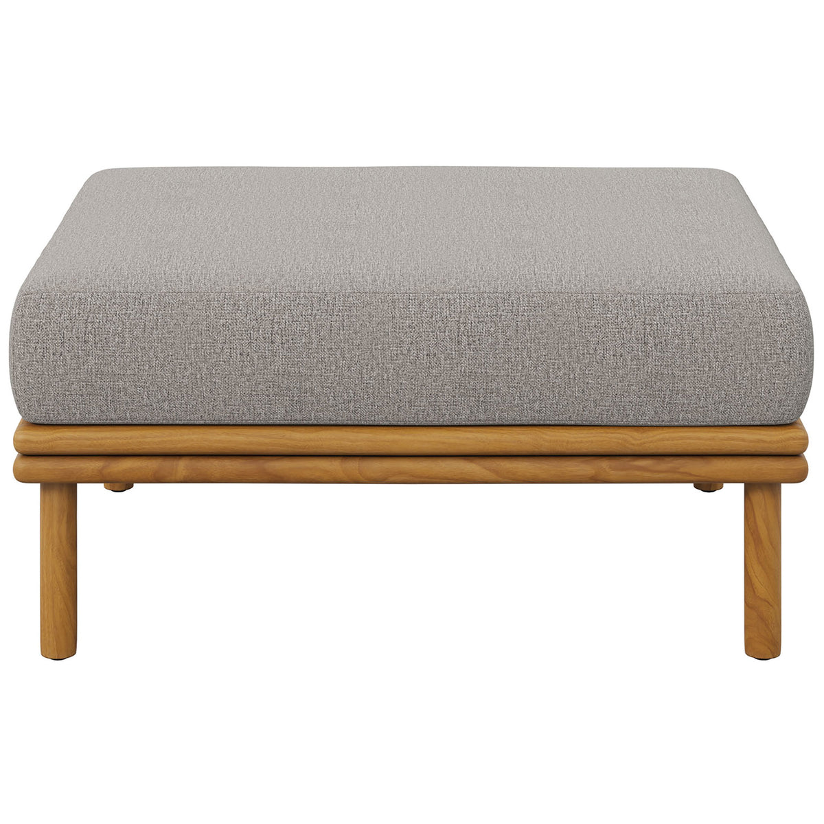 Spacious teak ottoman with resilient cushion doubles as extra seating or a casual outdoor coffee table. || EEI-7009-NAT-DRI || front_studio