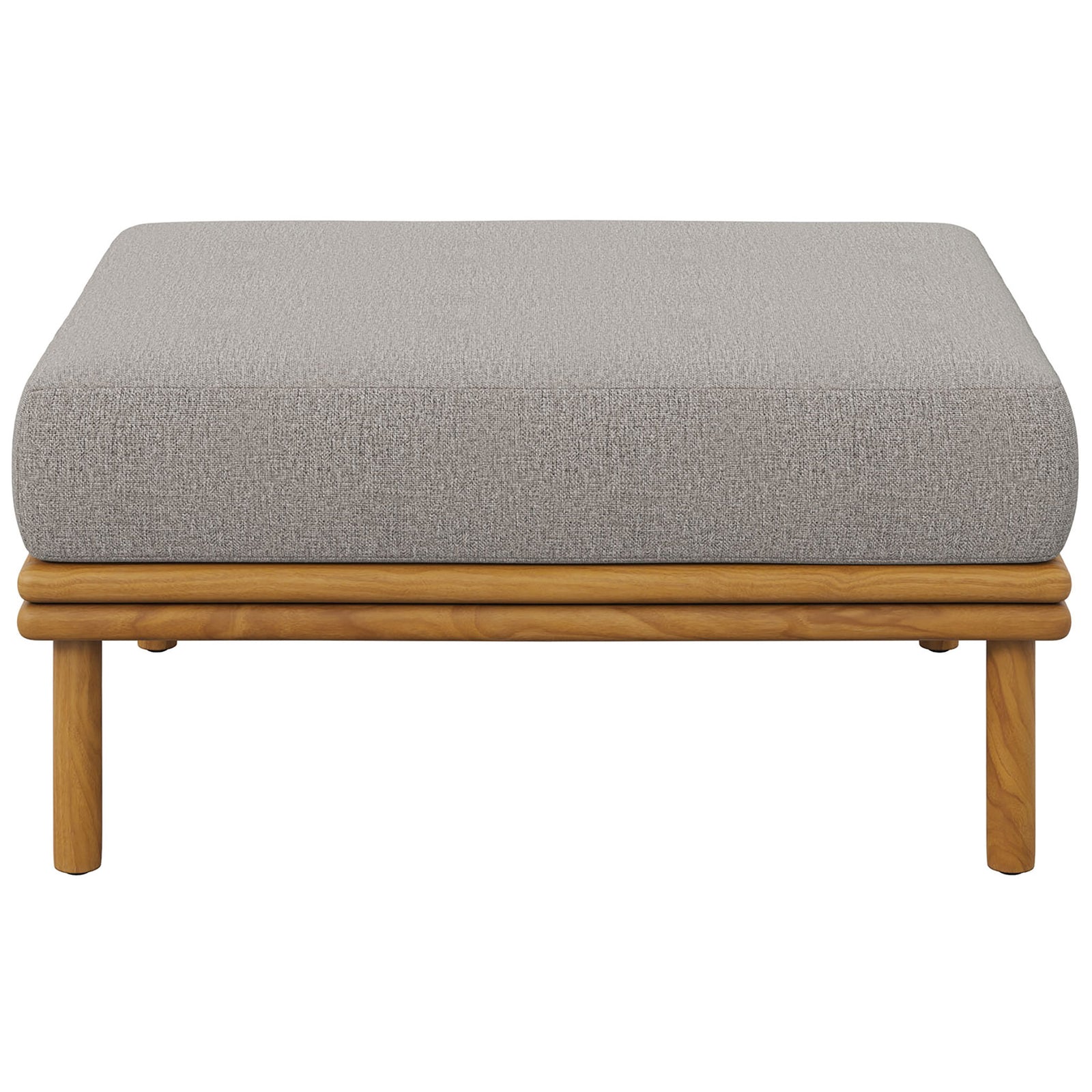 Spacious teak ottoman with resilient cushion doubles as extra seating or a casual outdoor coffee table. || EEI-7009-NAT-DRI || front_studio