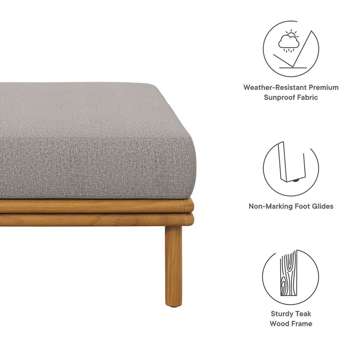 Feature icons highlight weather-resistant Sunproof cushion, non-marking foot glides, and a sturdy teak frame. || EEI-7009-NAT-DRI || callout_studio