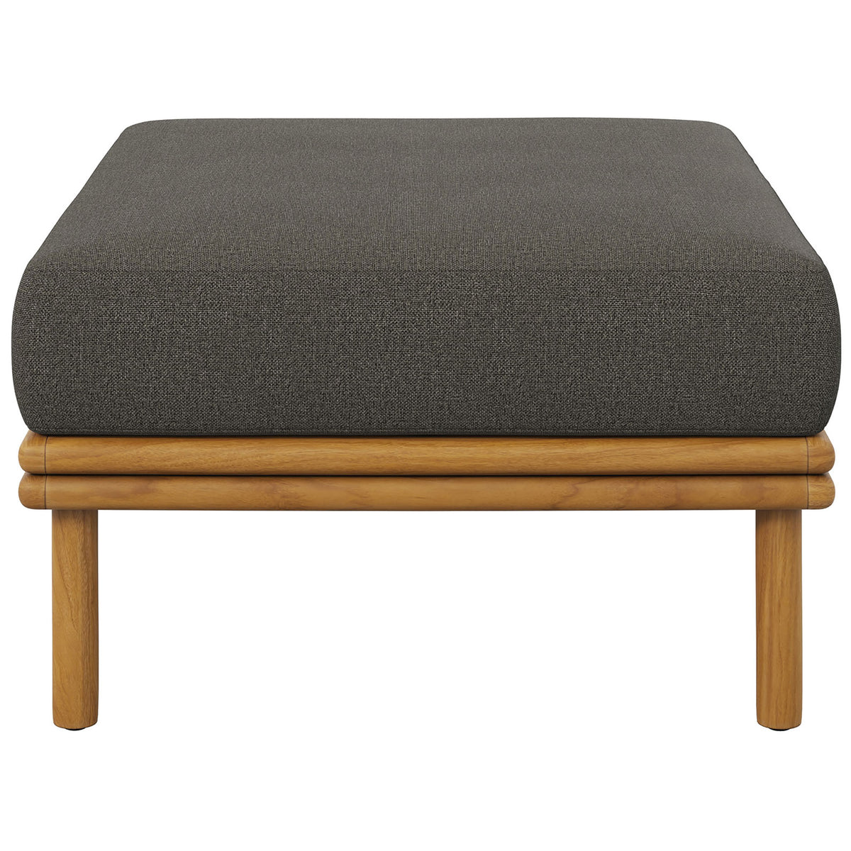 Teak patio ottoman with deep flint gray cushion offers supportive comfort and sleek, modern styling. || EEI-7009-NAT-FLI || side_studio