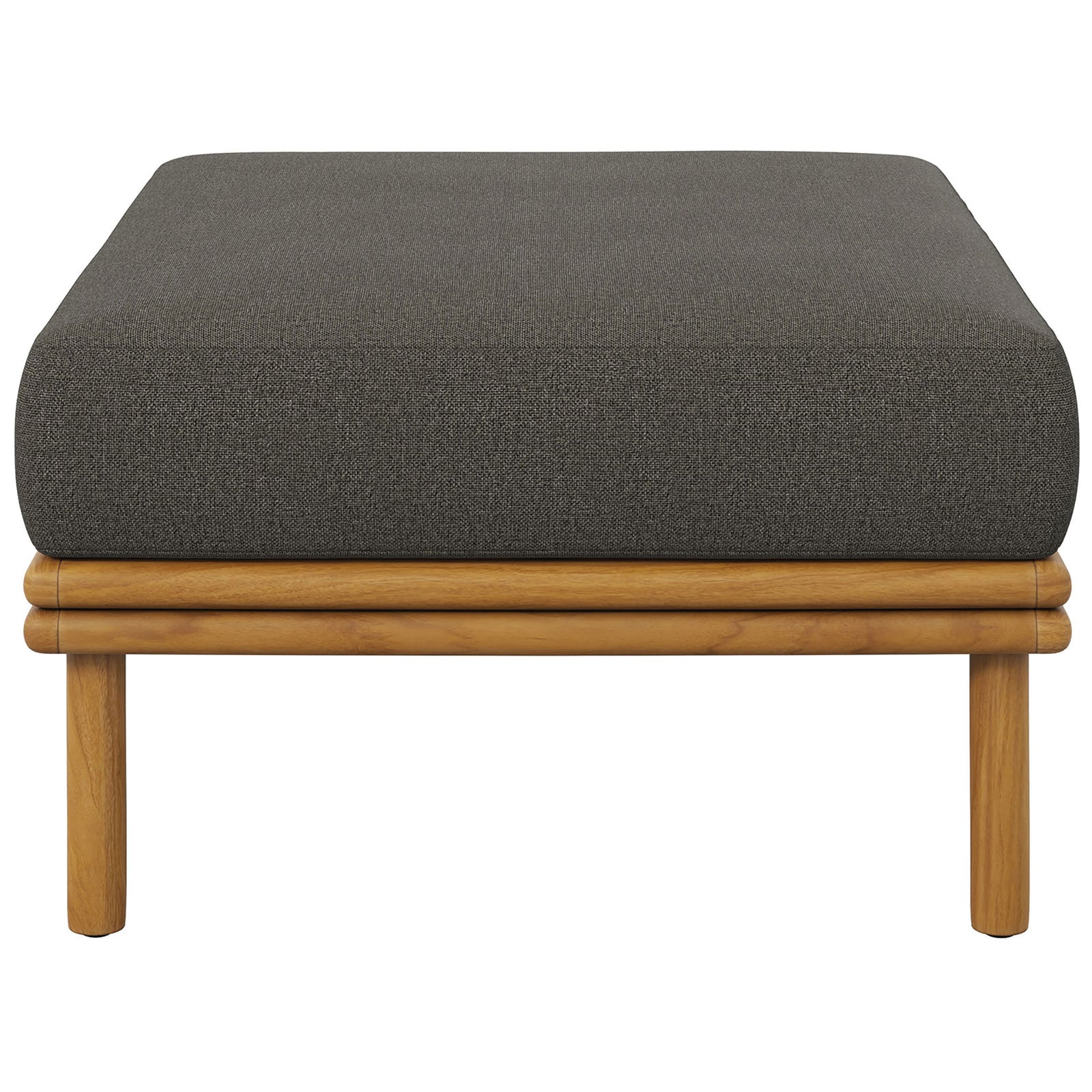 Teak patio ottoman with deep flint gray cushion offers supportive comfort and sleek, modern styling. || EEI-7009-NAT-FLI || side_studio