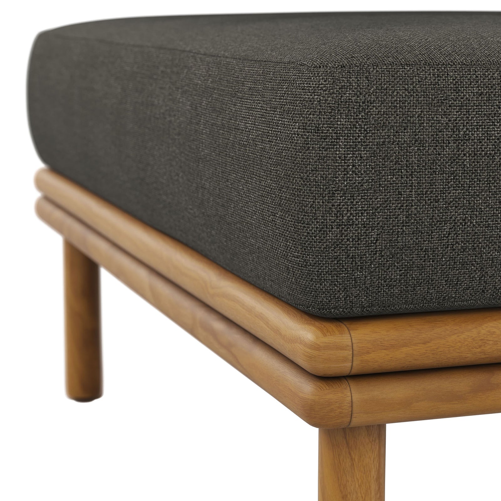 Dark gray Sunproof cushion showcases fine weave texture atop the smooth, rounded teak base. || EEI-7009-NAT-FLI || detail_studio