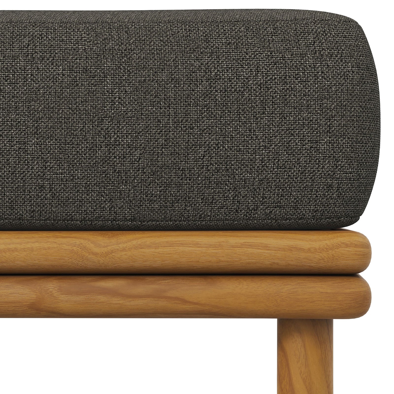 Plush cushion edge aligns neatly with double teak rails, emphasizing craftsmanship and durability. || EEI-7009-NAT-FLI || detail_studio