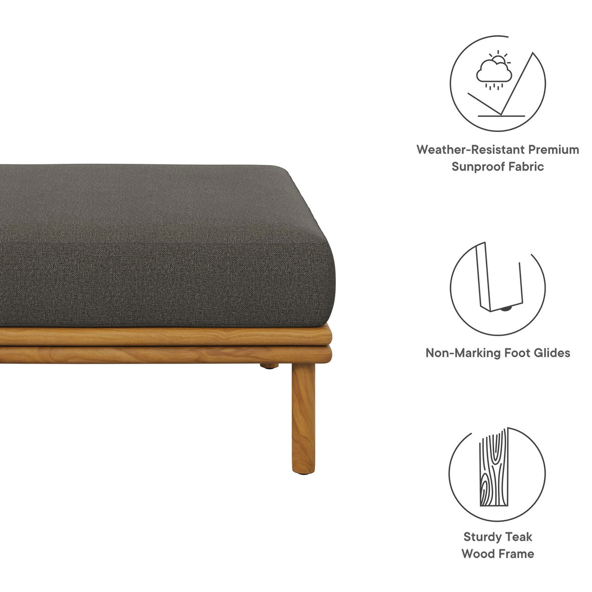 Graphic callouts spotlight weather-resistant fabric, non-marking foot glides, and a solid teak frame. || EEI-7009-NAT-FLI || callout_studio