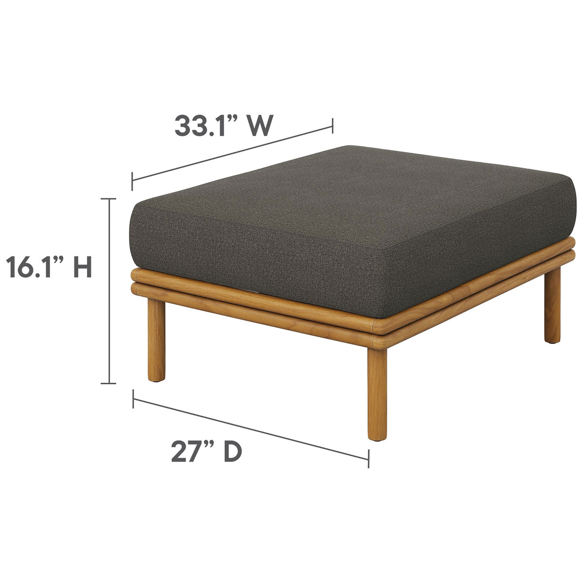 Measurement view details the Wren ottoman's width, depth, and height for easy outdoor space planning. || EEI-7009-NAT-FLI || dimension_studio