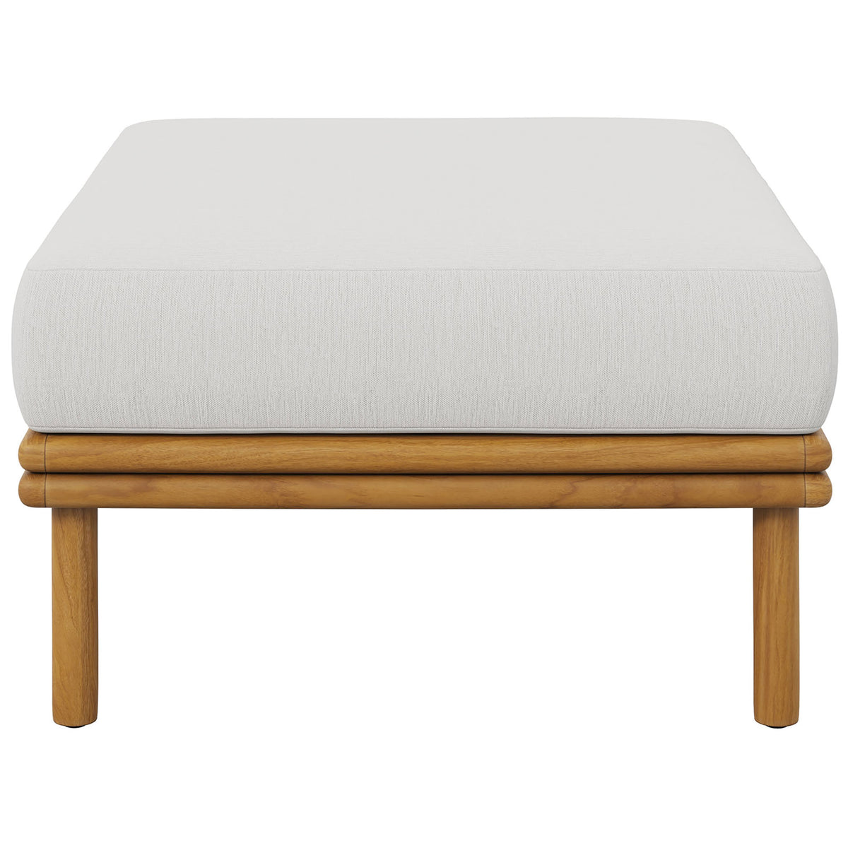 Crisp white cushion tops a natural teak ottoman, brightening any outdoor seating arrangement. || EEI-7009-NAT-SAI || side_studio