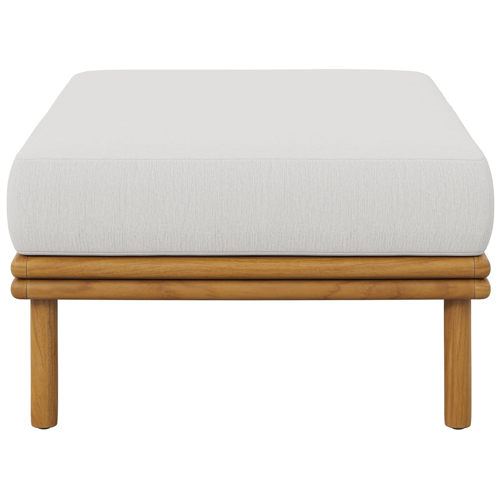 Crisp white cushion tops a natural teak ottoman, brightening any outdoor seating arrangement. || EEI-7009-NAT-SAI || side_studio