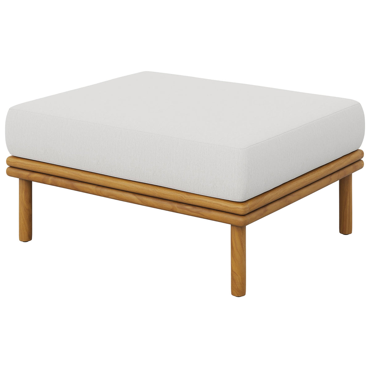 Generous white cushion and slim teak legs provide breezy, low-slung seating for relaxed outdoor gatherings. || EEI-7009-NAT-SAI || back_angle_studio