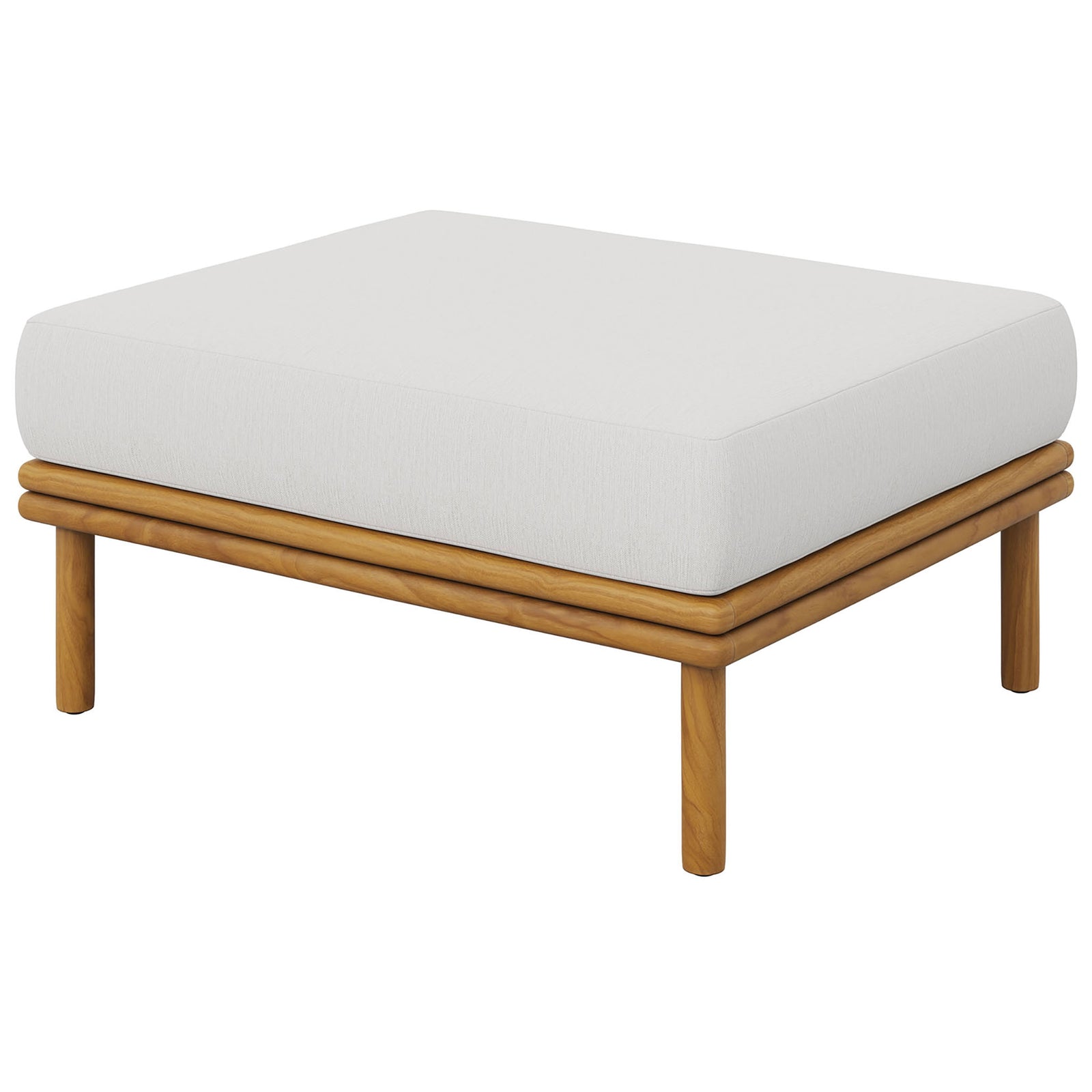 Generous white cushion and slim teak legs provide breezy, low-slung seating for relaxed outdoor gatherings. || EEI-7009-NAT-SAI || back_angle_studio