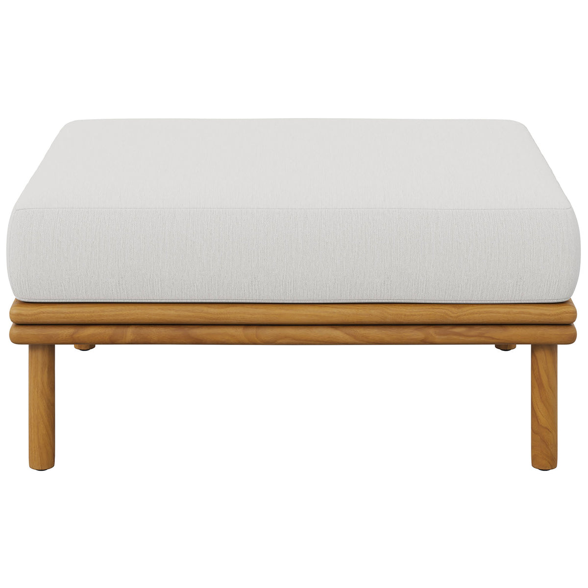 Minimalist teak base and smooth white cushion offer airy, inviting comfort for patios and decks. || EEI-7009-NAT-SAI || front_studio