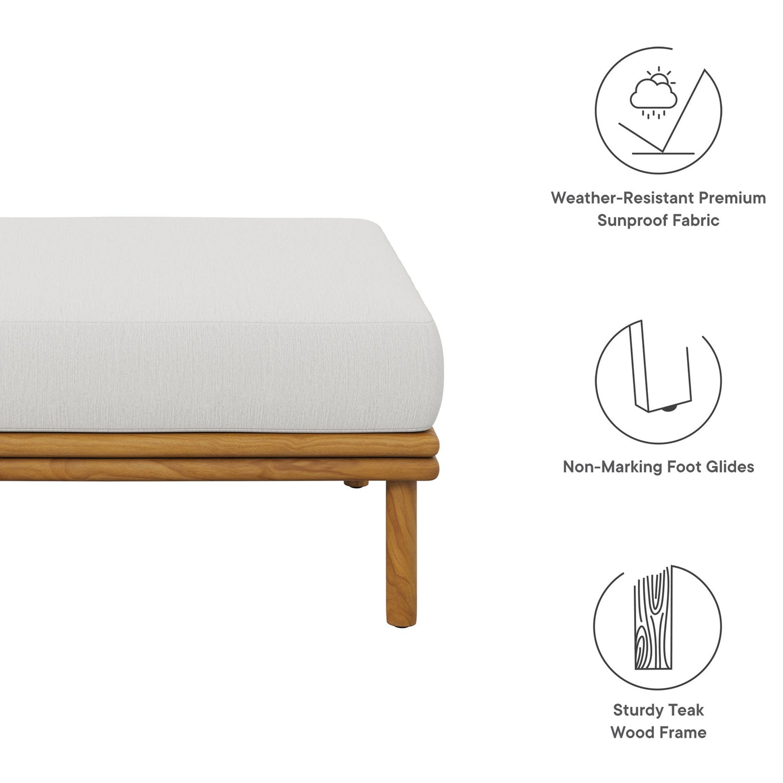 Icons showcase weather-resistant Sunproof fabric, protective foot glides, and a robust teak wood frame. || EEI-7009-NAT-SAI || callout_studio